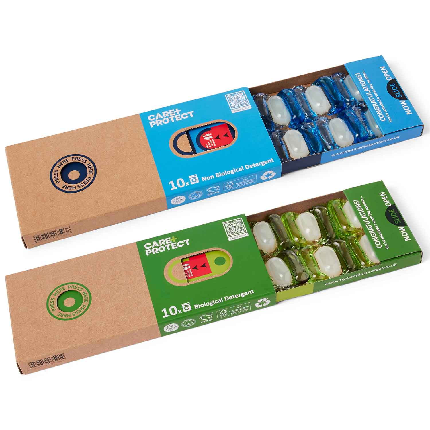 Two boxes of Care+Protect detergent pods; the blue box contains non-biological detergent, the green box contains biological detergent. Text includes "10x", "Press Here", "Congratulations!", "Now Slide Open", website, and recycling symbols.