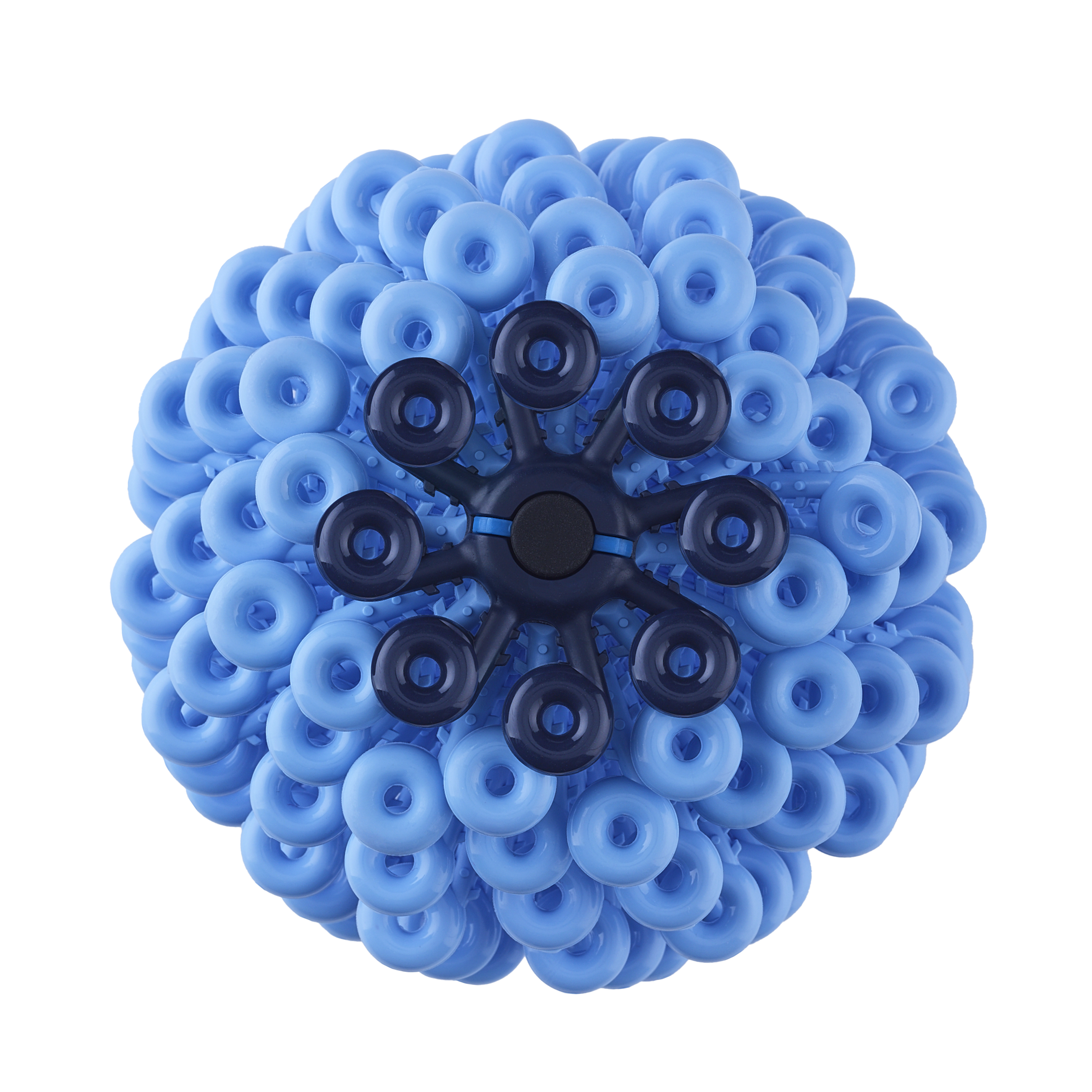 Blue spiky ball composed of numerous small suction cups centered around a dark core, appearing symmetrical and textural, set against a plain black background.