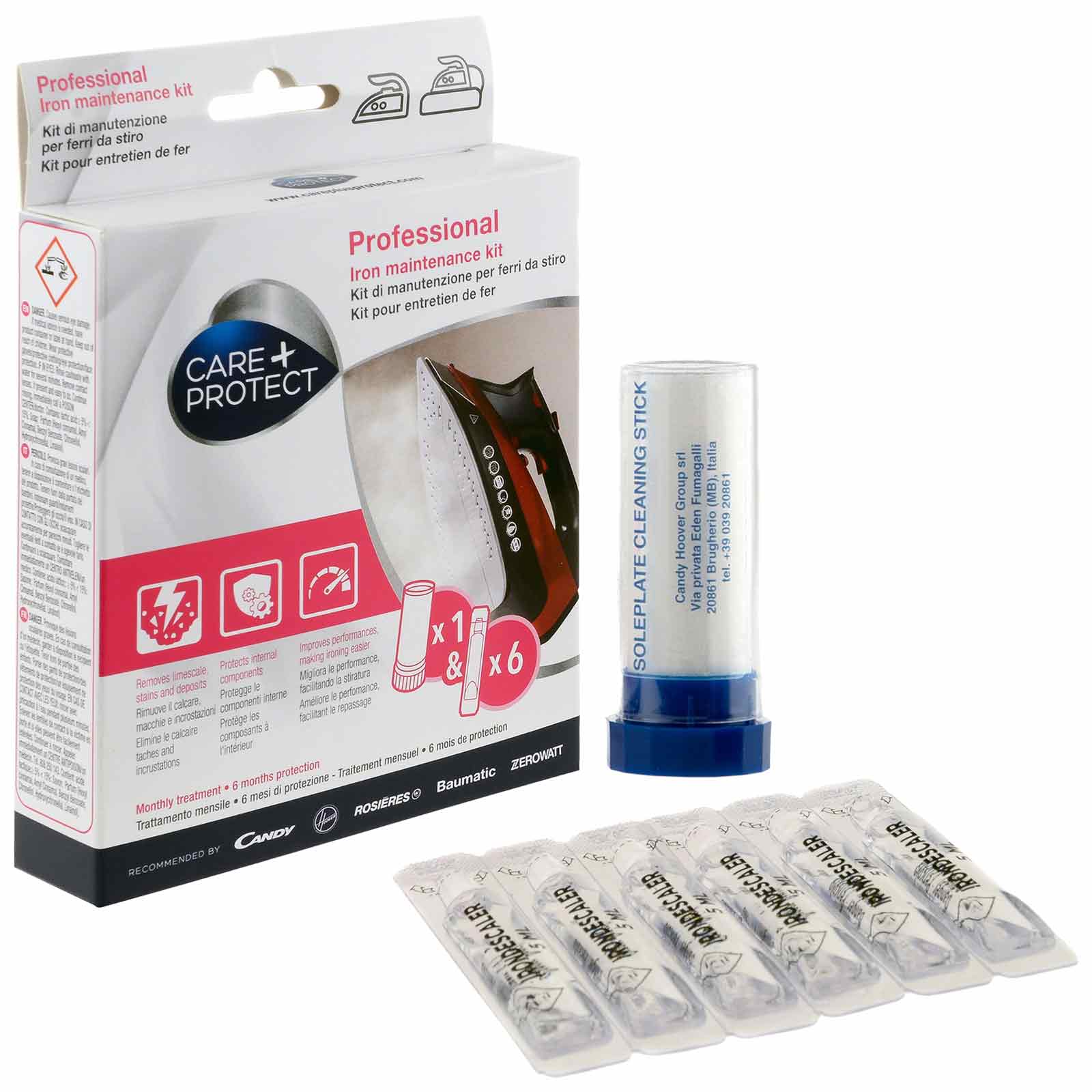 Iron maintenance kit with a box labeled "Professional Iron Maintenance Kit" and showing a cleaning stick. Includes multiple cleaning sachets. Text details care steps and recommended brands: Candy, Rosières, Baumatic, Zerowatt.