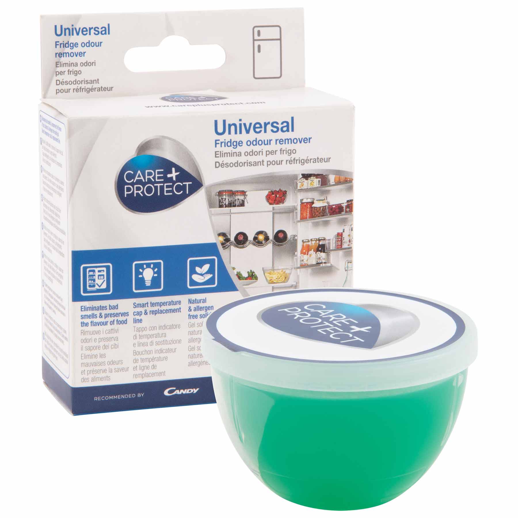 Green gel-filled container labeled "CARE+PROTECT" sits in front of a box. Text reads: "Universal Fridge odour remover." Promises to "Eliminate bad smells," with "Smart temperature cap" and "Natural & allergen free."
