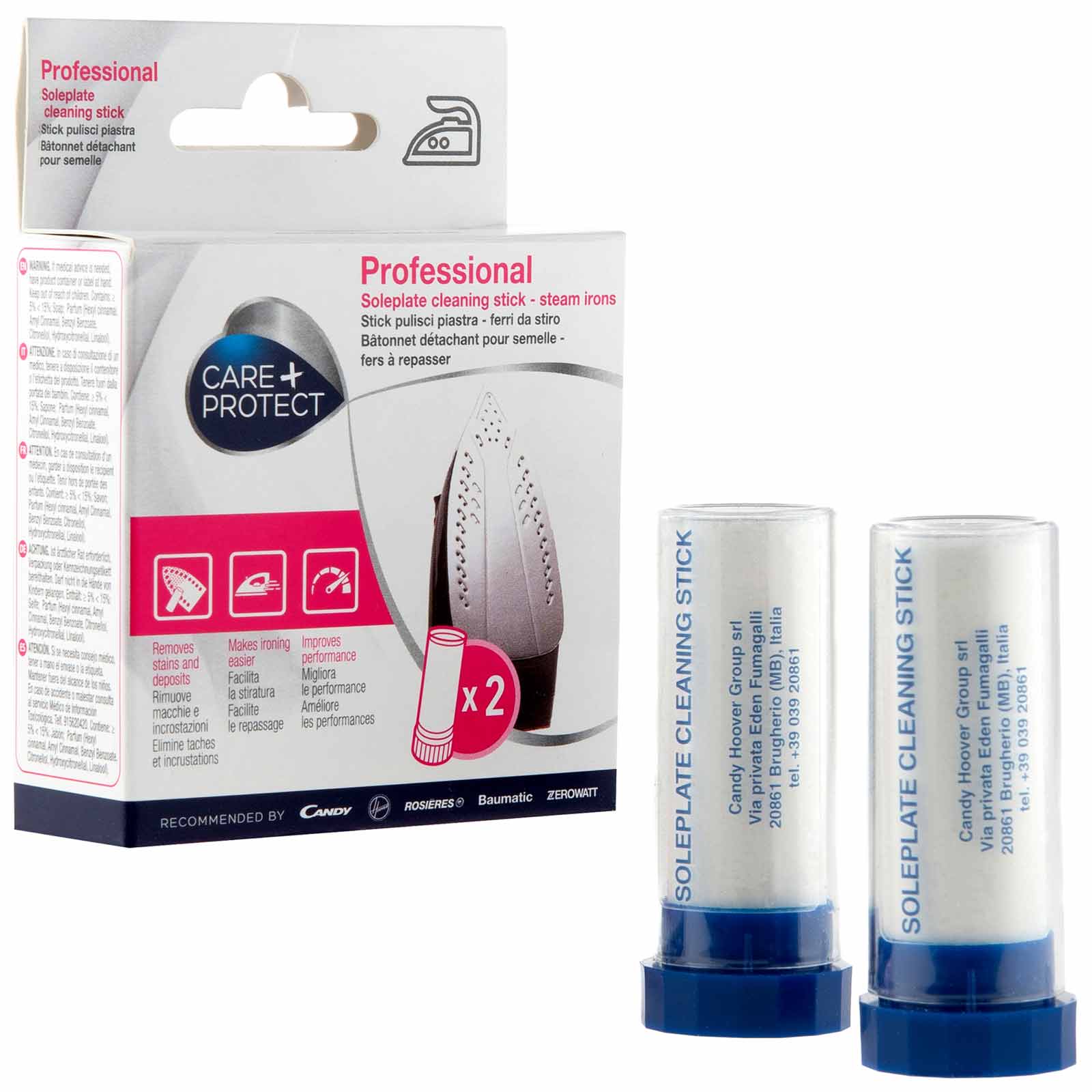 Two soleplate cleaning sticks stand upright beside packaging. Text on the box includes "Professional Soleplate cleaning stick - steam irons," "CARE+PROTECT," and "x2." Sticks feature blue caps and white bodies.