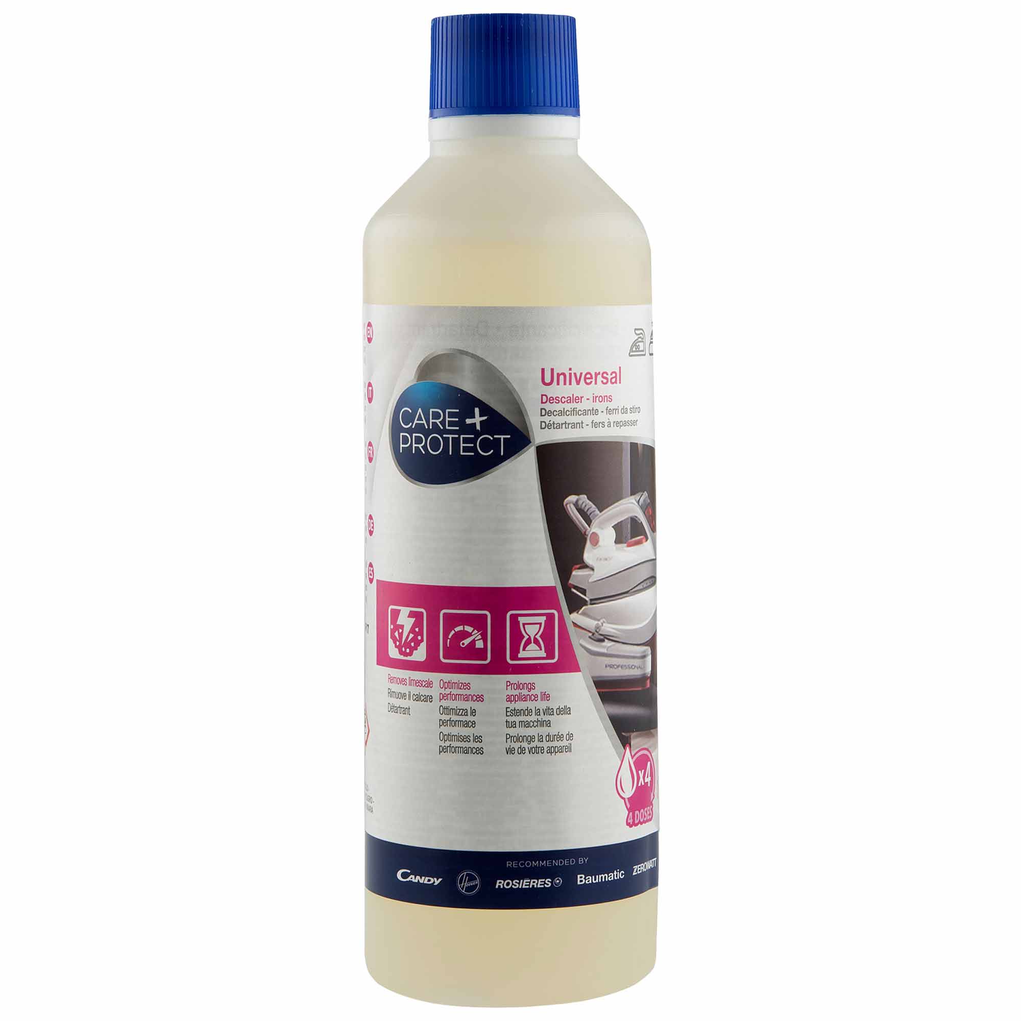 A bottle with a blue cap labeled "CARE + PROTECT Universal Descaler - irons." It displays benefits like "Removes limescale," "Optimizes performance," and "Prolongs appliance life." Recommended by Candy and others.
