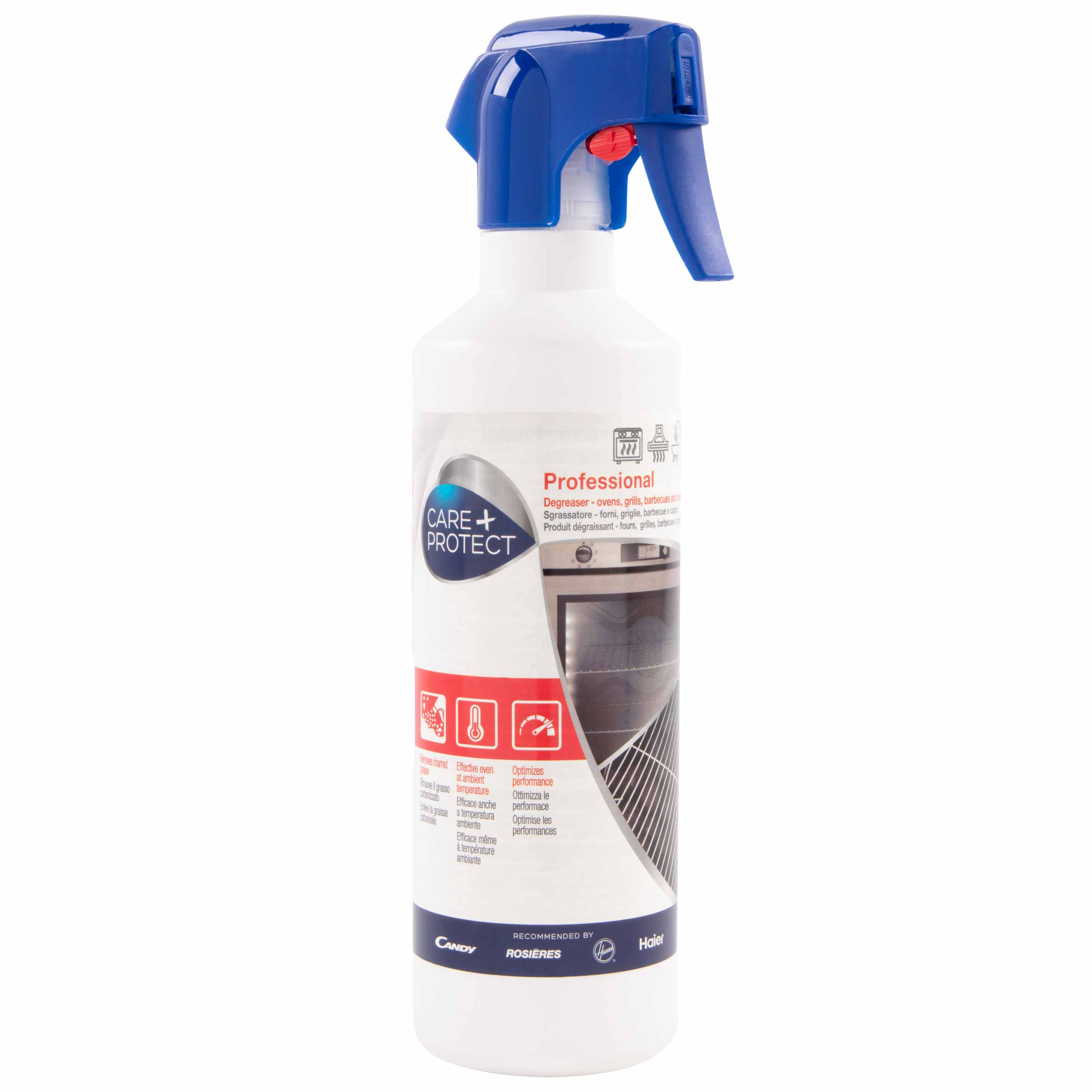 A spray bottle with a blue nozzle, labeled "CARE + PROTECT Professional," depicted as a degreaser for ovens and grills, against a white background. Recommended by Candy, Rosières, Haier.