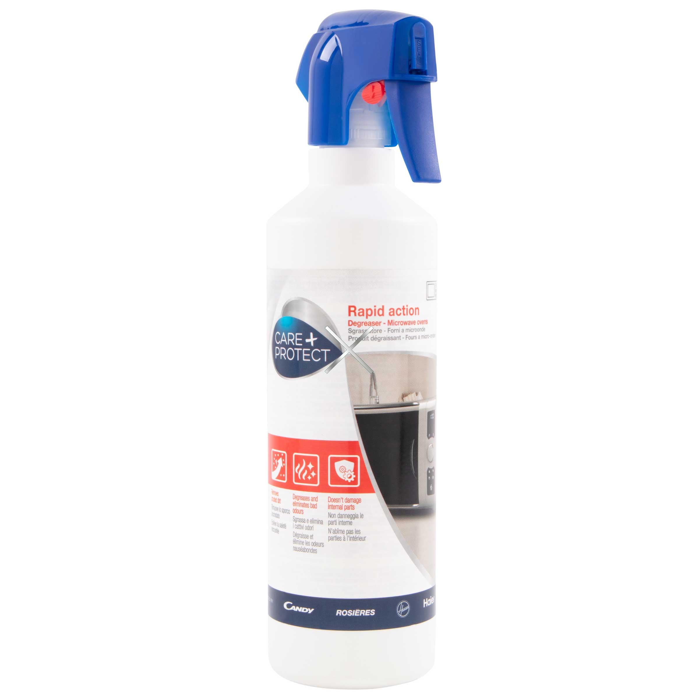 A white spray bottle with a blue nozzle labeled "CARE + PROTECT Rapid action Degreaser - Microwave ovens." It shows usage illustrations and text indicating: "Degreases and powers through tough grime. Doesn't damage internal parts." Brands: Candy, Rosieres.
