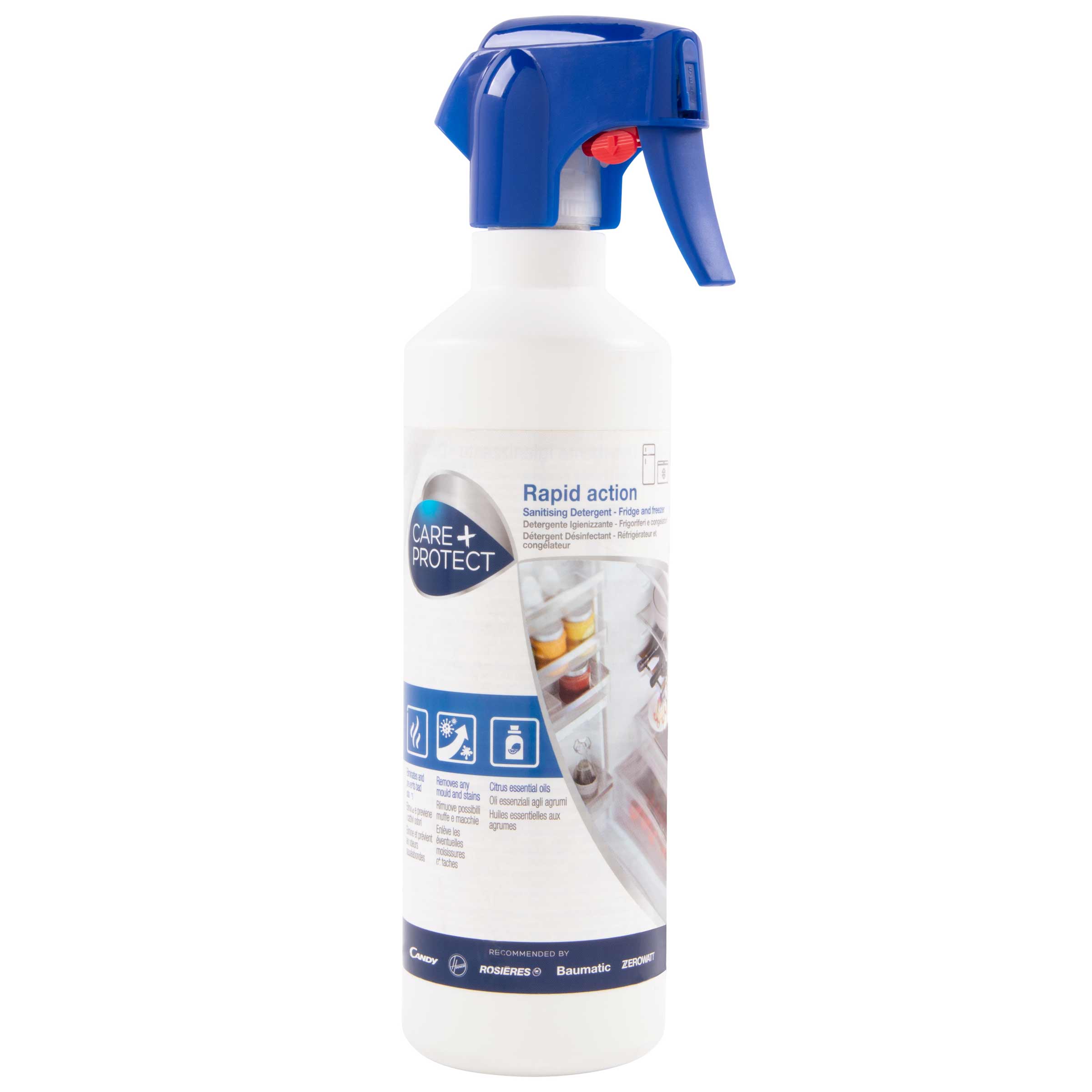 A white spray bottle with a blue trigger labeled "CARE+PROTECT." It features "Rapid action" text, designed for fridge and freezer use. Includes instructions and logos for Candy, Rosieres, Baumatic, Zerowatt.