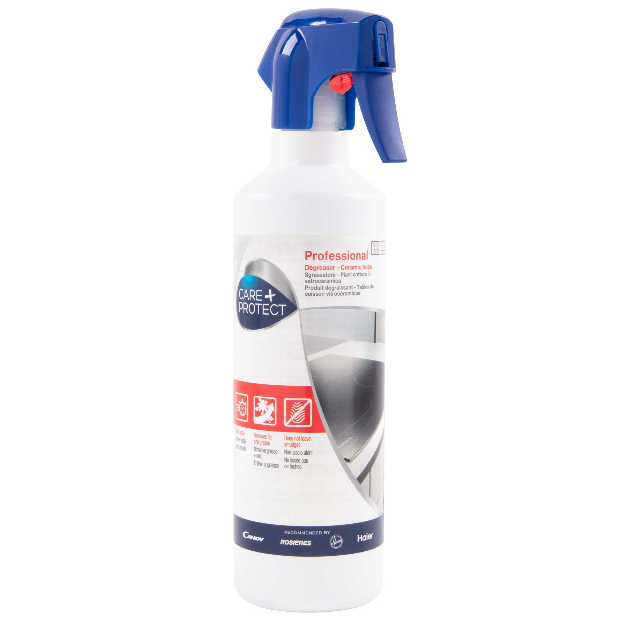 A white spray bottle with a blue nozzle labeled "Care+Protect Professional Degreaser - Ceramic hobs." Context includes product instructions and recommendations by Candy, Rosieres, and Haier.
