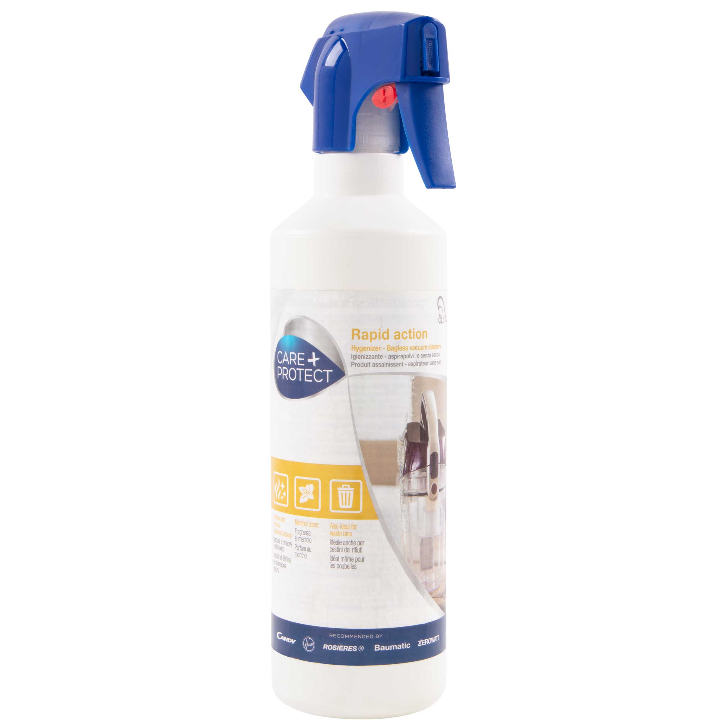 A white spray bottle with a blue nozzle labeled "CARE+PROTECT Rapid action," featuring instructions and icons for use on bagless vacuum cleaners. Recommended by Candy, Rosieres, Baumatic, Zerowatt.