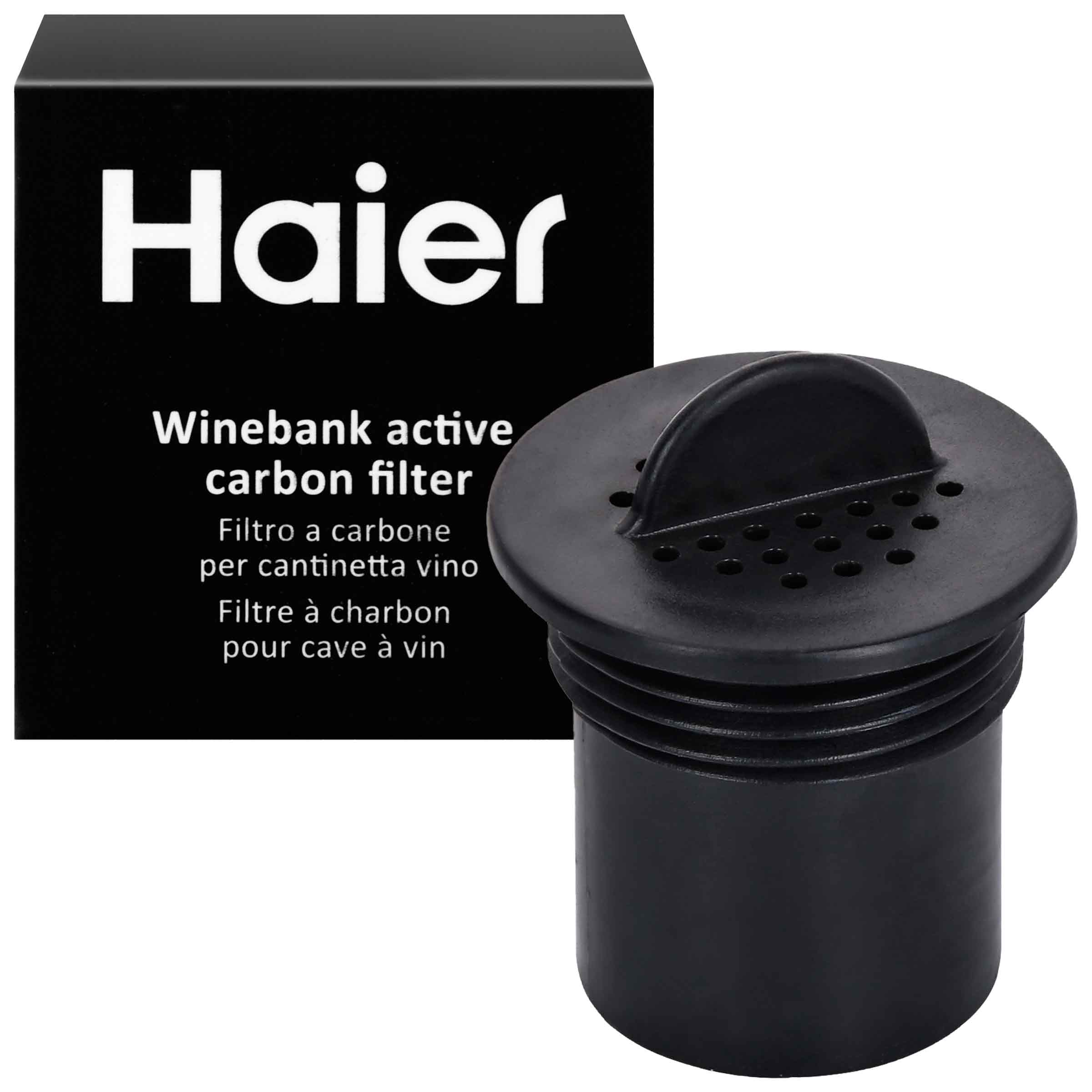 A black, cylindrical carbon filter with holes on top sits beside a box labeled "Haier Winebank active carbon filter. Filtro a carbone per cantinetta vino. Filtre à charbon pour cave à vin."