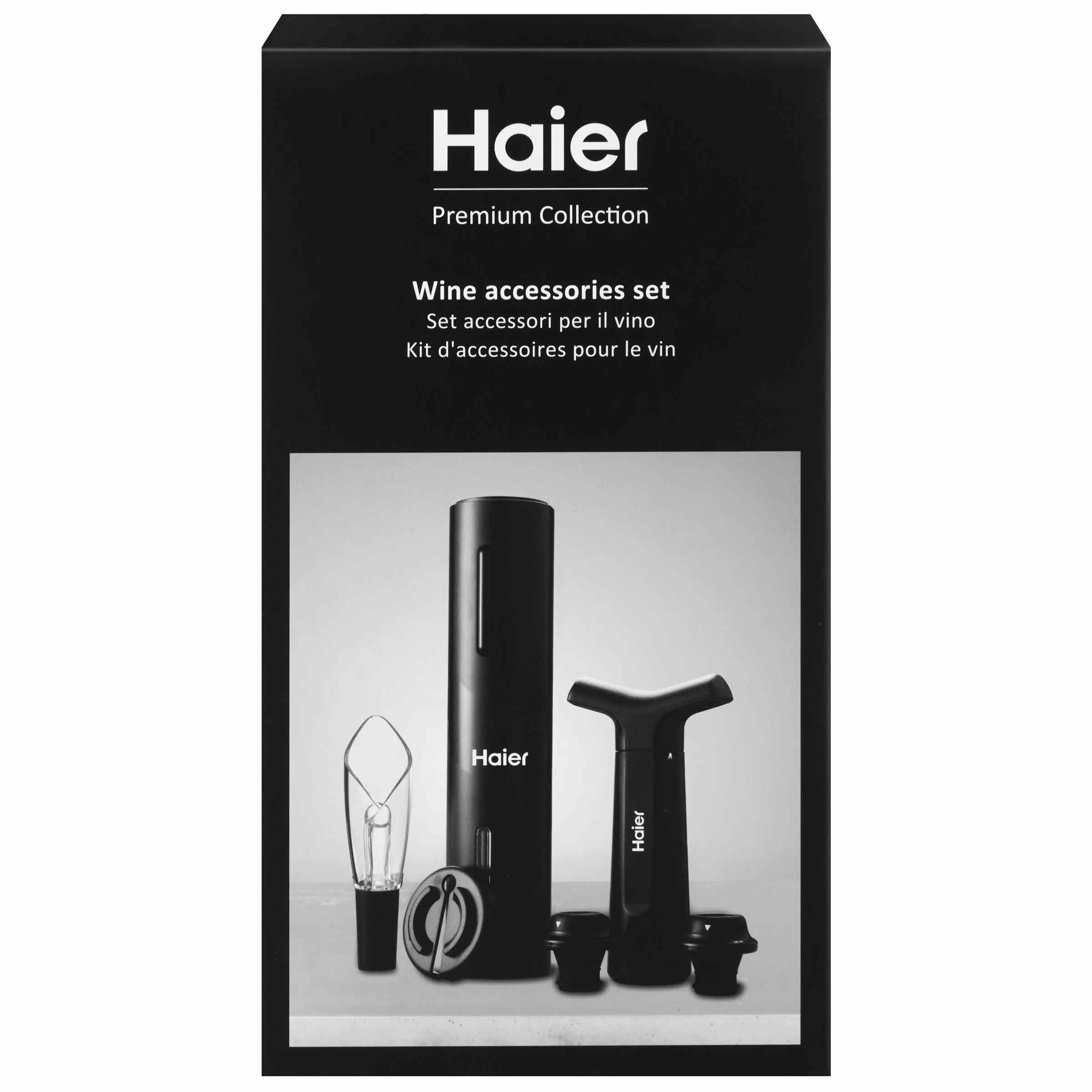 A boxed set of Haier wine accessories includes an electric wine opener, aerator, foil cutter, and vacuum stoppers. The packaging displays "Haier Premium Collection Wine accessories set" in multiple languages.