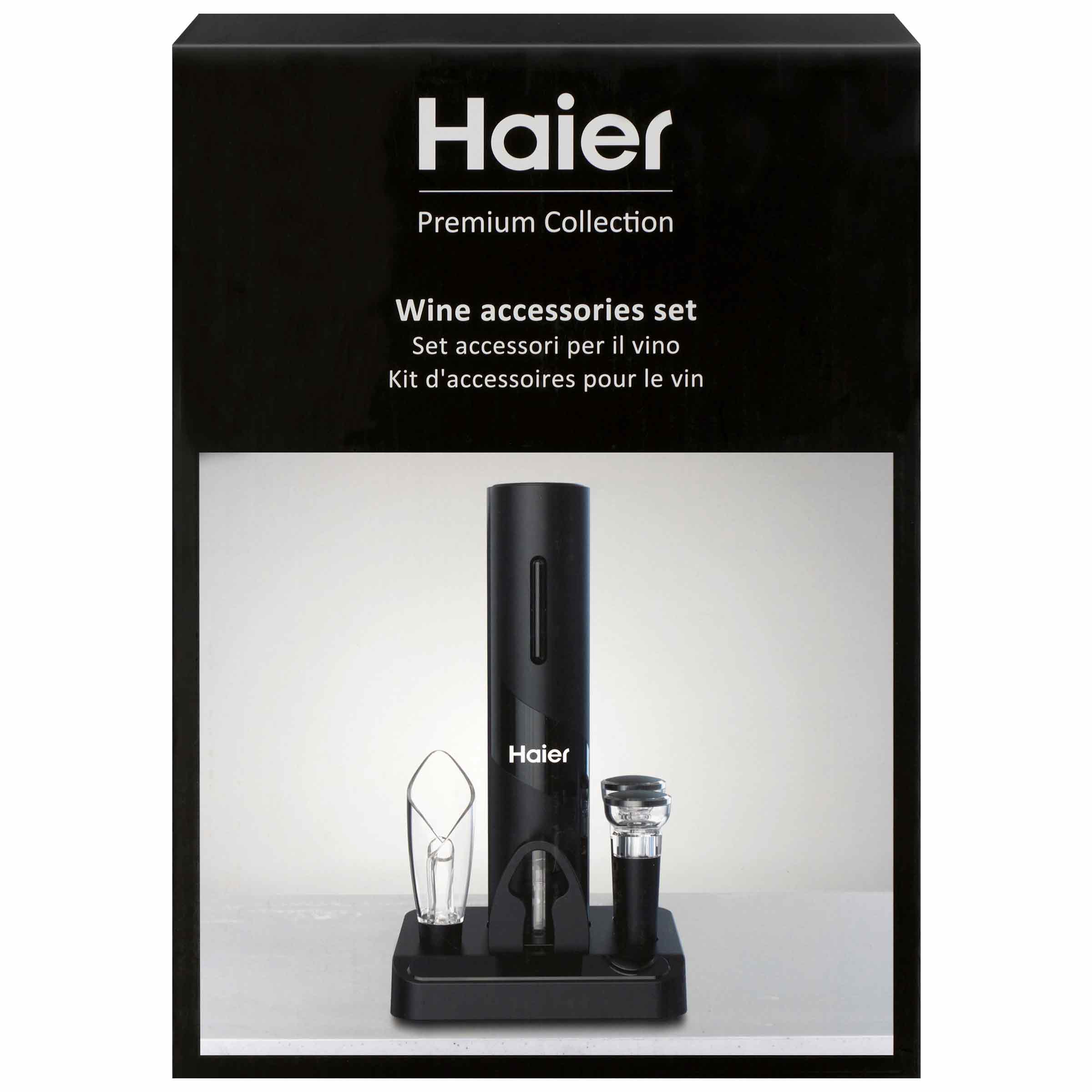 A wine accessory set, including an electric opener, stopper, and foil cutter, is displayed on a stand. Text reads: "Haier Premium Collection Wine accessories set Set accessori per il vino Kit d'accessoires pour le vin."