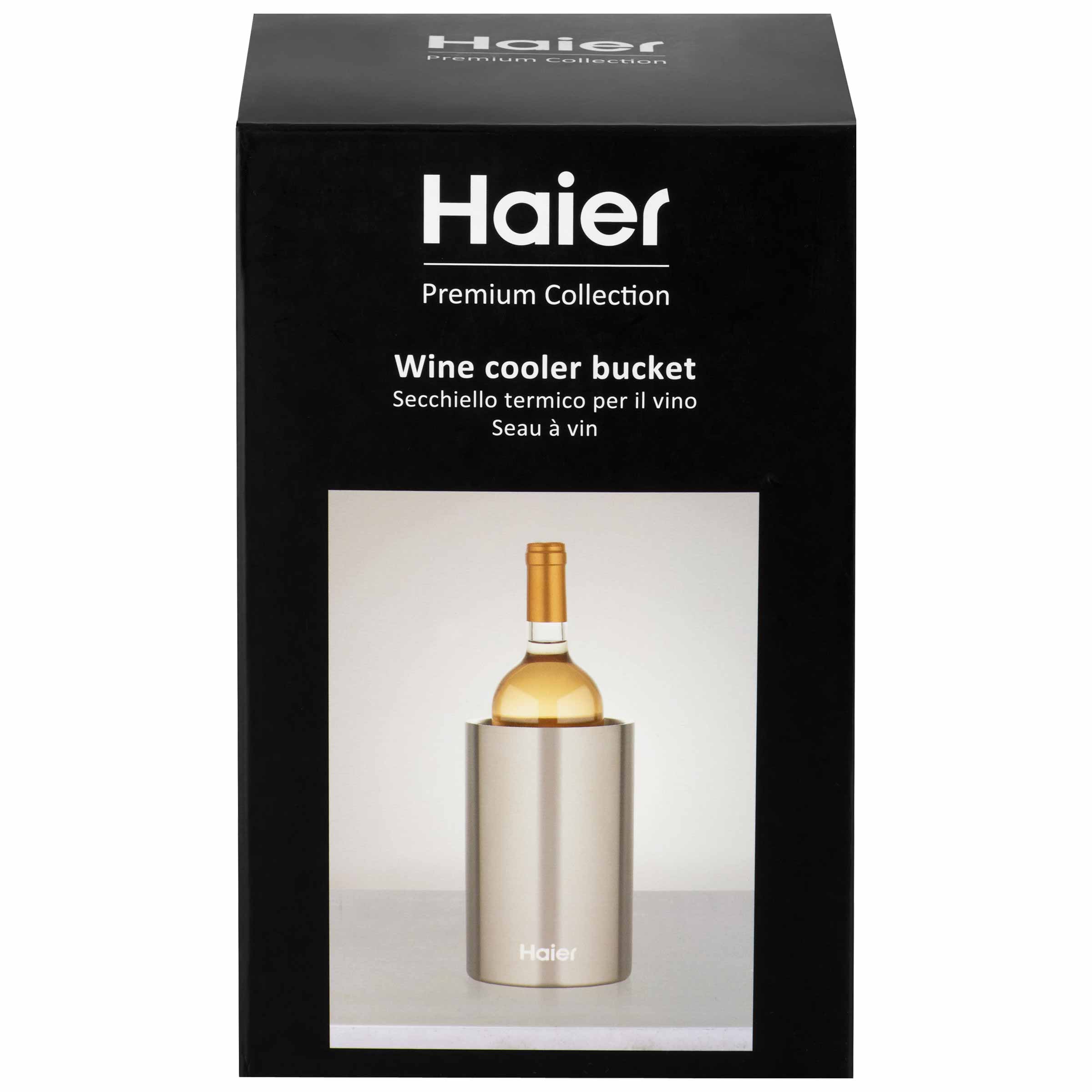 A black Haier Premium Collection box showcases a wine cooler bucket holding a wine bottle. Text includes descriptions: “Wine cooler bucket” in multiple languages.