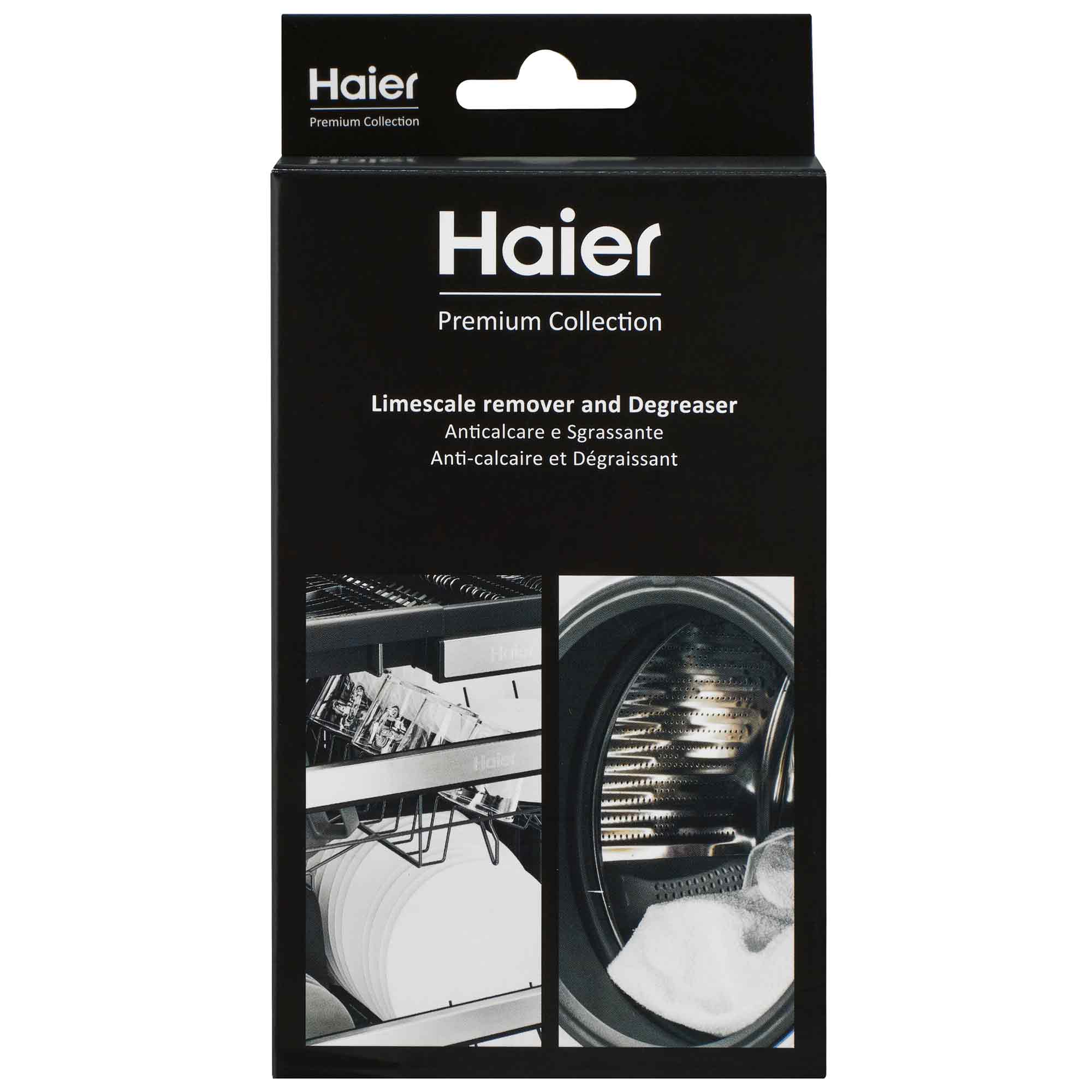Box displaying "Haier Premium Collection" limescale remover and degreaser. Text includes: "Anticalcare e Sgrassante," "Anti-calcaire et Dégraissant." Images show dishwasher and washing machine interiors.