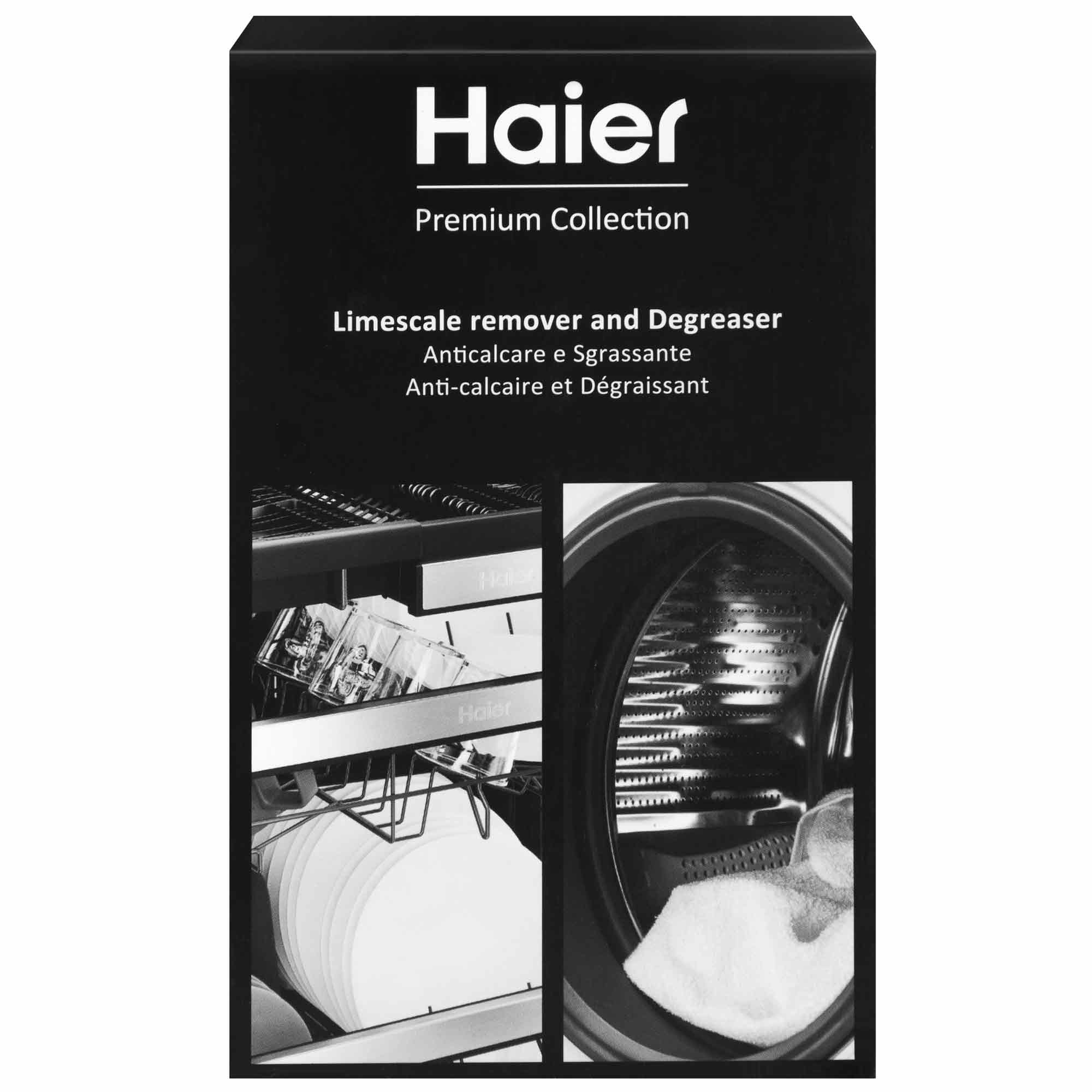 A black package displays "Haier Premium Collection" and "Limescale remover and Degreaser" in English, Italian, and French, featuring images of a dishwasher with dishes and a washing machine.