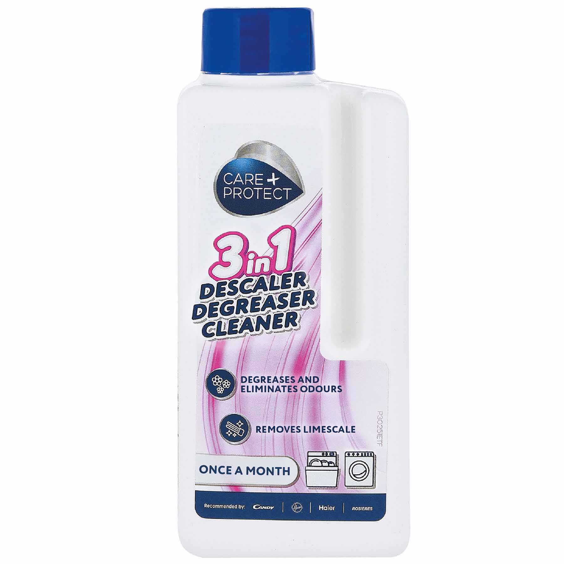 A white bottle labeled "CARE+PROTECT 3 in 1 DESCALER DEGREASER CLEANER" sits against a white background. It promises to degrease, eliminate odors, and remove limescale. "BUY 4 OR MORE 20% OFF" is offered.