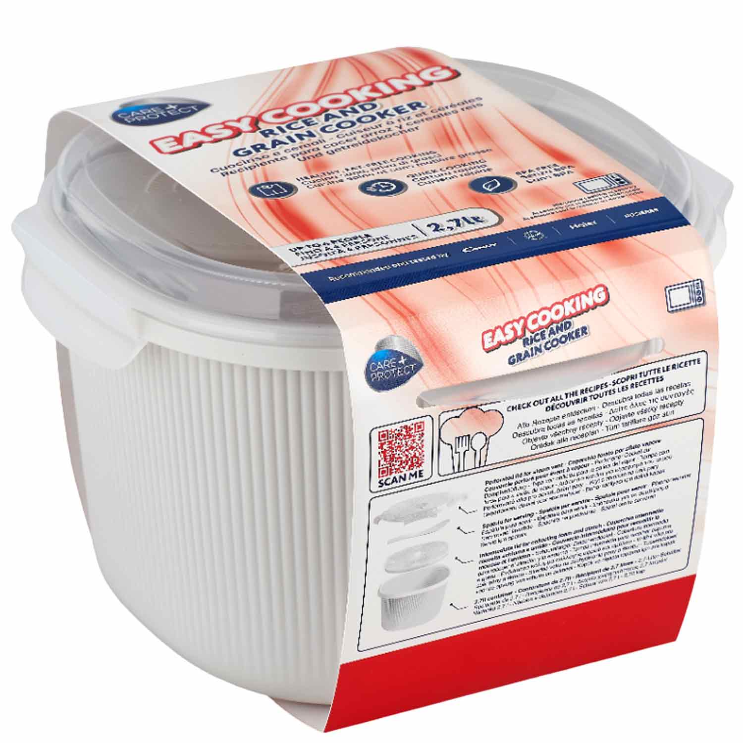 A white, ribbed rice and grain cooker with a clear lid and labeled packaging. Text includes “EASY COOKING RICE AND GRAIN COOKER,” usage instructions, and a QR code. Capacity: 2.7 liters.