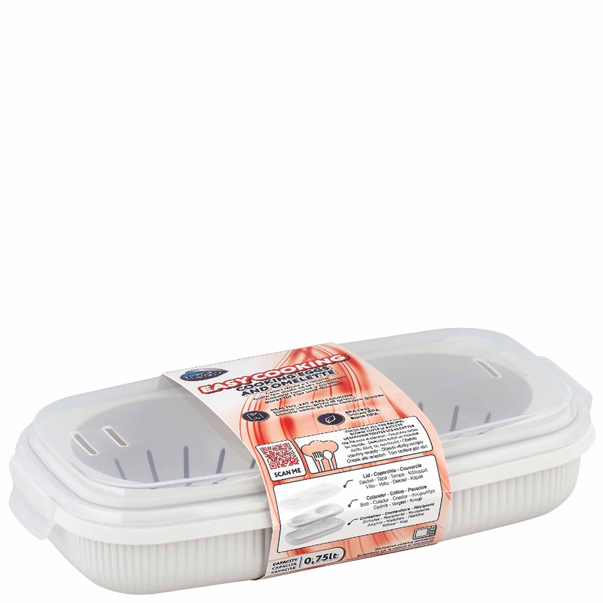 White plastic rectangular container with a transparent lid, labeled "Easy Cooking Microwave Cooker." It features a strainer and handles, surrounded by instructions and a barcode on the packaging. Capacity: 0.75lt.