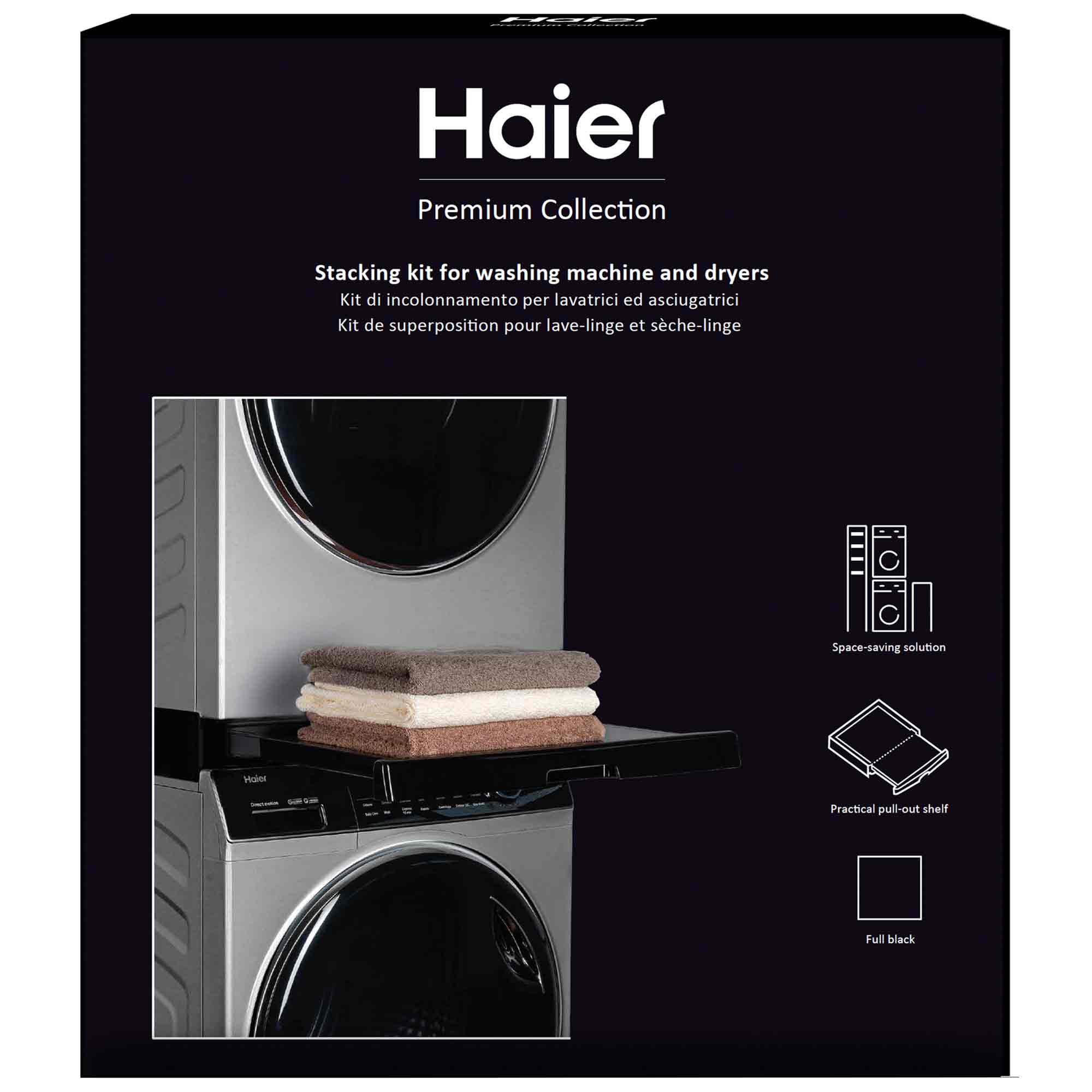 A Haier stacking kit for washing machines and dryers holds folded towels on a pull-out shelf. Text: "Haier Premium Collection, Stacking kit for washing machine and dryers," with translations and icons for features.