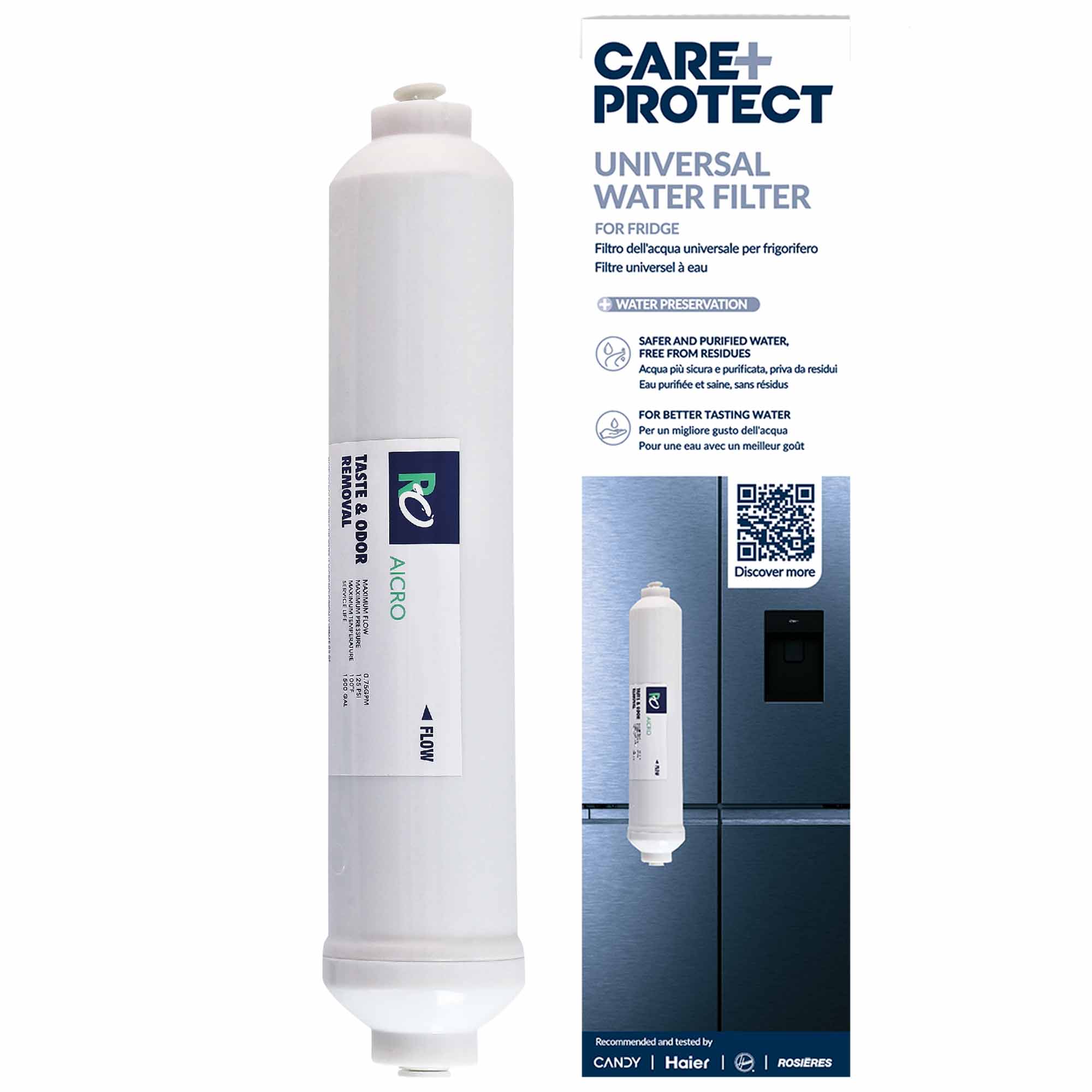 A cylindrical white water filter labeled "AICRO" removes taste and odor, intended for fridge use. Packaging reads "CARE+PROTECT UNIVERSAL WATER FILTER," promoting water preservation, purified water, and improved taste. Includes QR code and fridge image.