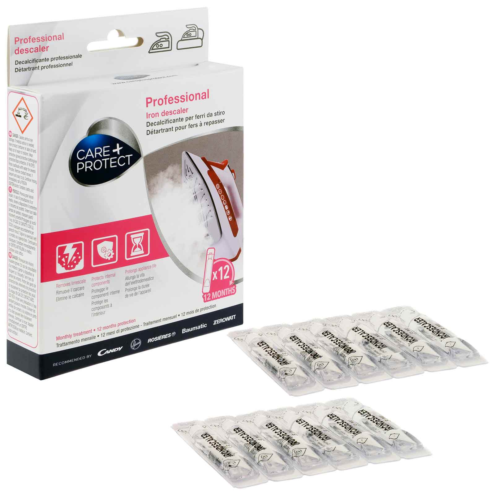 Box of "Care+Protect Professional Iron Descaler" with individual packets displayed. Text includes: "Iron descaler," "12 MONTHS," "x12," and "Recommended by CANDY, HOOVER, ROSIERES, BAUMATIC, ZEROWATT."