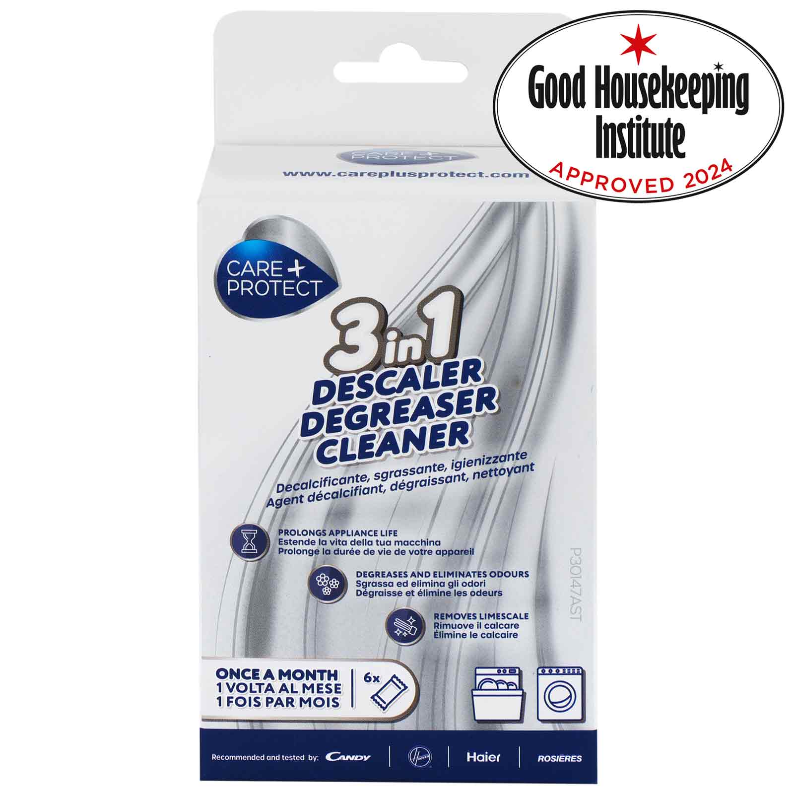 A box of "CARE+PROTECT 3 in 1 Descaler Degreaser Cleaner" with multilingual text highlighting its appliance care benefits. It’s Good Housekeeping Institute approved for 2024, instructing monthly use.