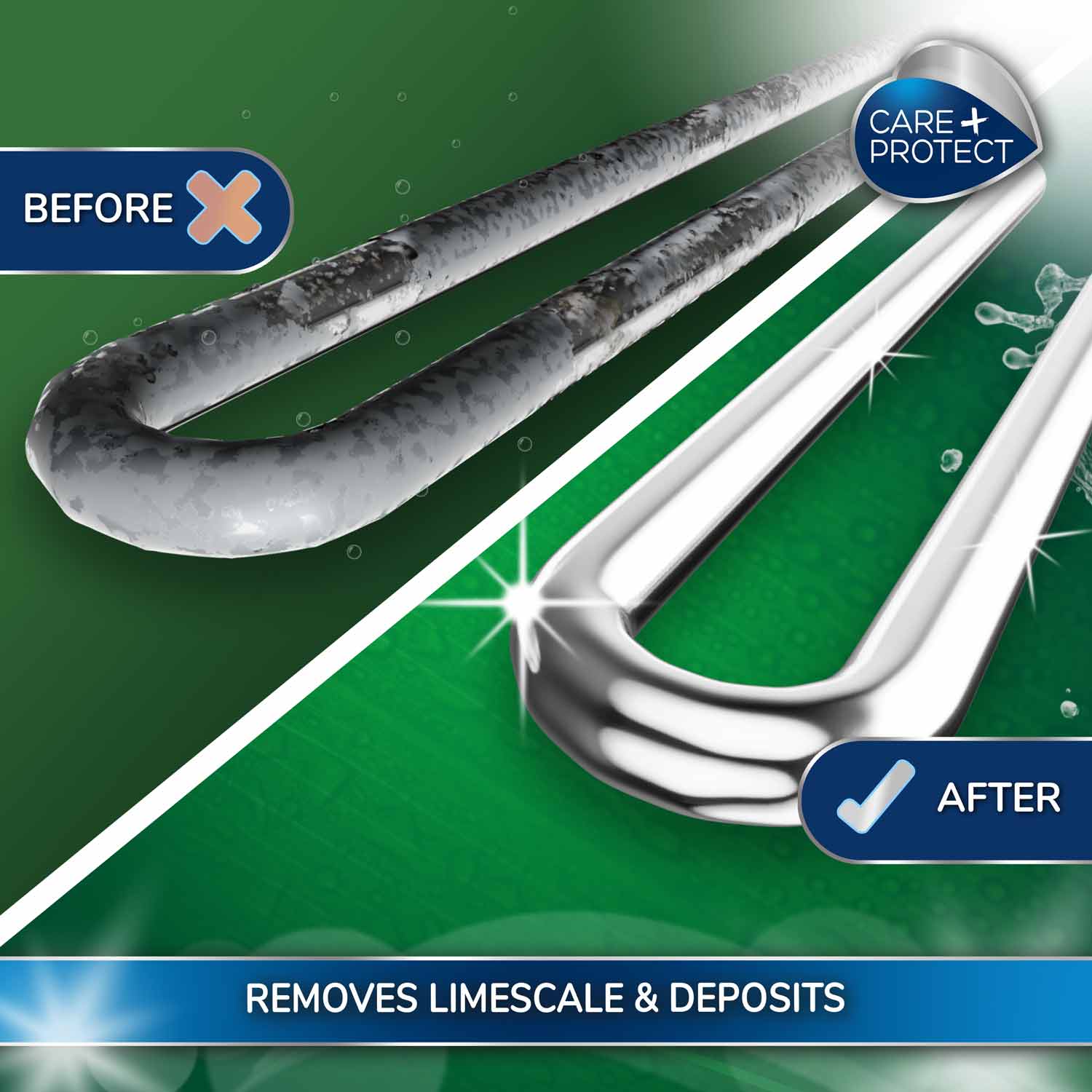 Two heating elements are shown. The left, labeled "BEFORE," is covered in limescale. The right, labeled "AFTER," is shiny and clean. Text reads "REMOVES LIMESCALE & DEPOSITS."