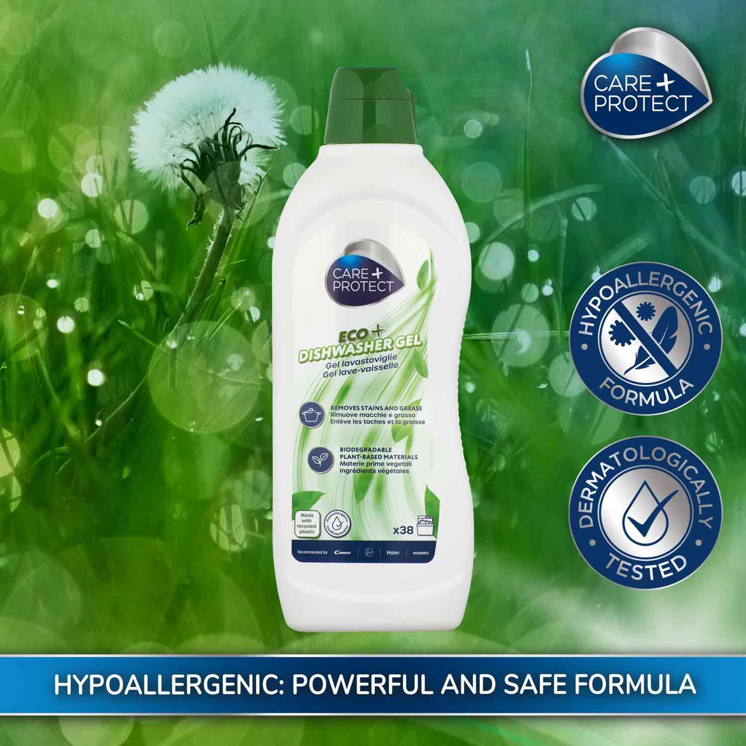 A bottle of Care+Protect Eco+ Dishwasher Gel stands on a grassy background with a dandelion. Features include "Removes Stains and Grease," "Biodegradable Plant-Based Materials." Labels: "Hypoallergenic Formula," "Dermatologically Tested." Text: "HYPOALLERGENIC: POWERFUL AND SAFE FORMULA."