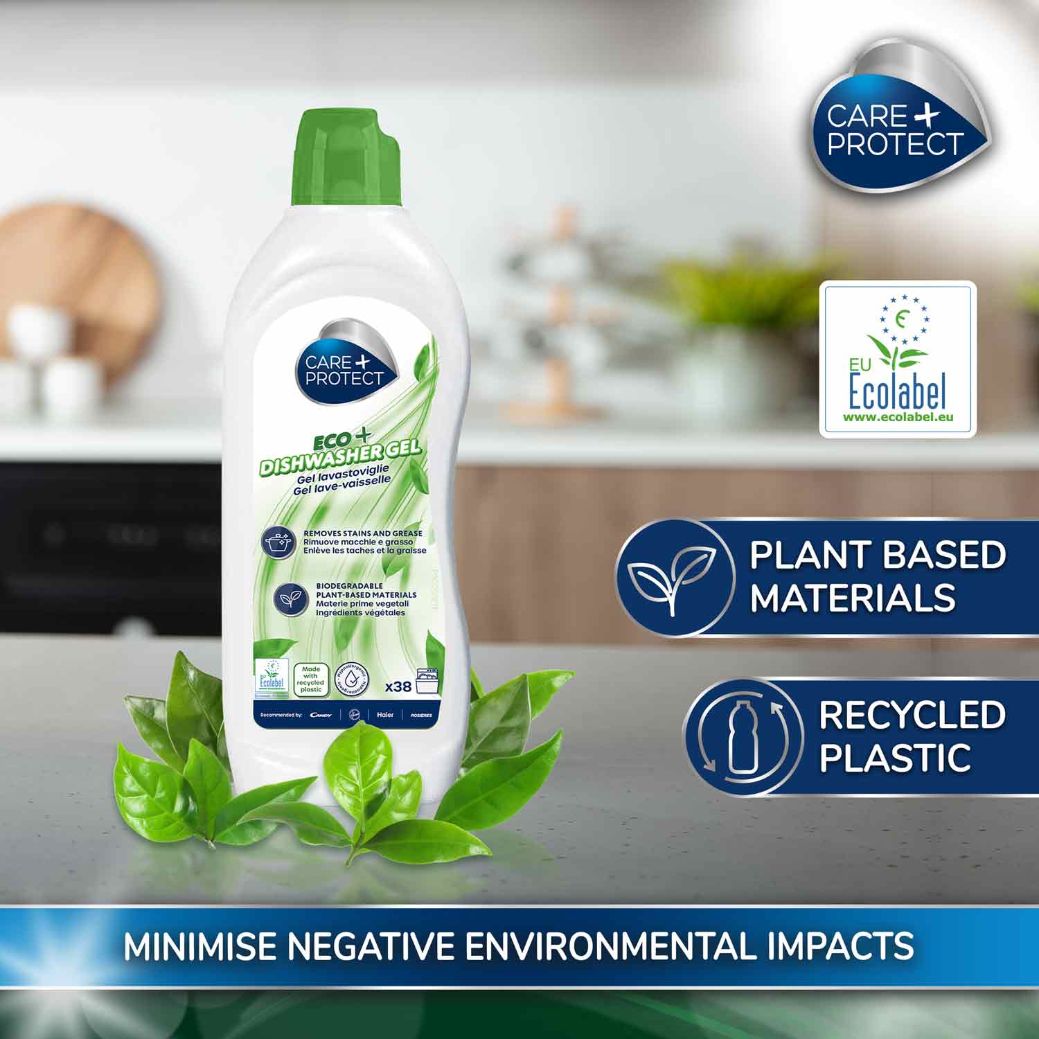 Dishwasher gel bottle labeled "CARE+ PROTECT ECO+ DISHWASHER GEL" stands on a kitchen counter with leaves around. Text highlights plant-based materials, recycled plastic, and eco-label certification. Promotes minimising environmental impacts.
