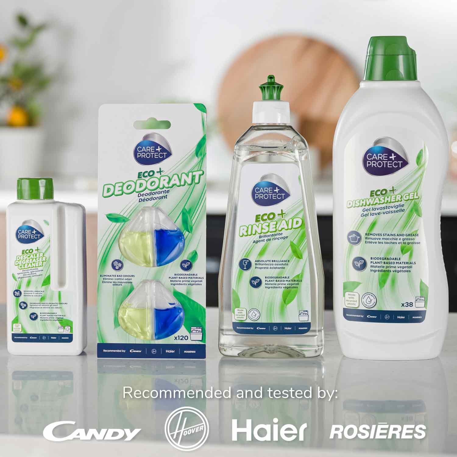 Cleaning products displayed on a countertop include a descaler cleaner, deodorant, rinse aid, and dishwasher gel. Labels show "CARE+PROTECT" branding. Text: "Recommended and tested by: CANDY, HOOVER, HAIER, ROSIERES."