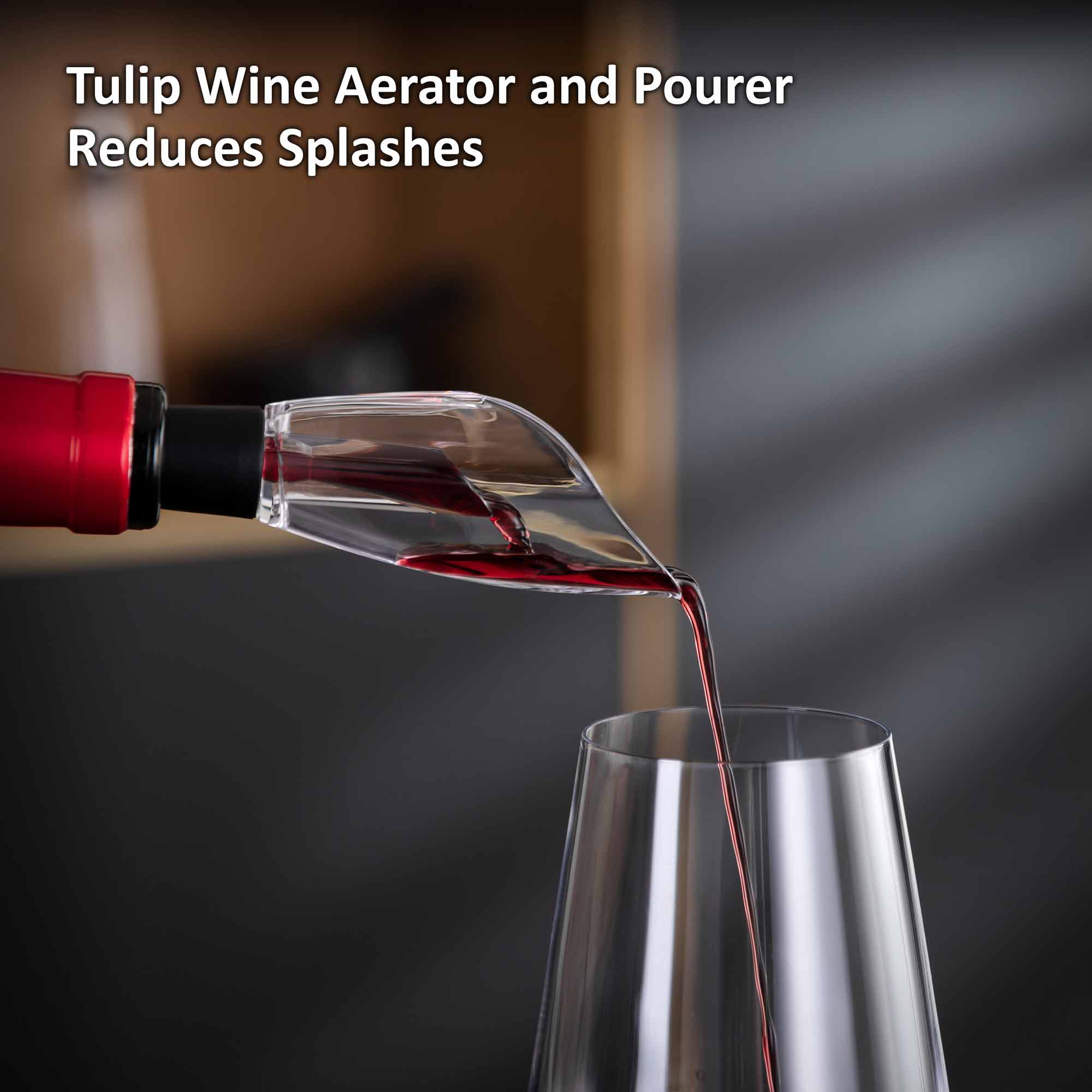 A tulip-shaped wine aerator pours red wine into a glass, reducing splashes. Text reads: "Tulip Wine Aerator and Pourer Reduces Splashes." The background is a blurred indoor setting.