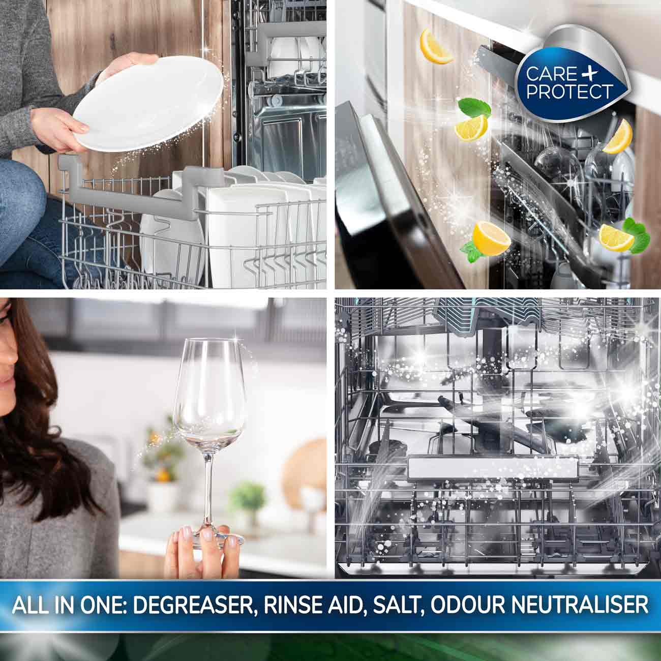 A dishwasher is shown, cleaning dishes and utensils with sparkling effects. A person admires a clean wine glass. Labeled text reads: "ALL IN ONE: DEGREASER, RINSE AID, SALT, ODOUR NEUTRALISER."
