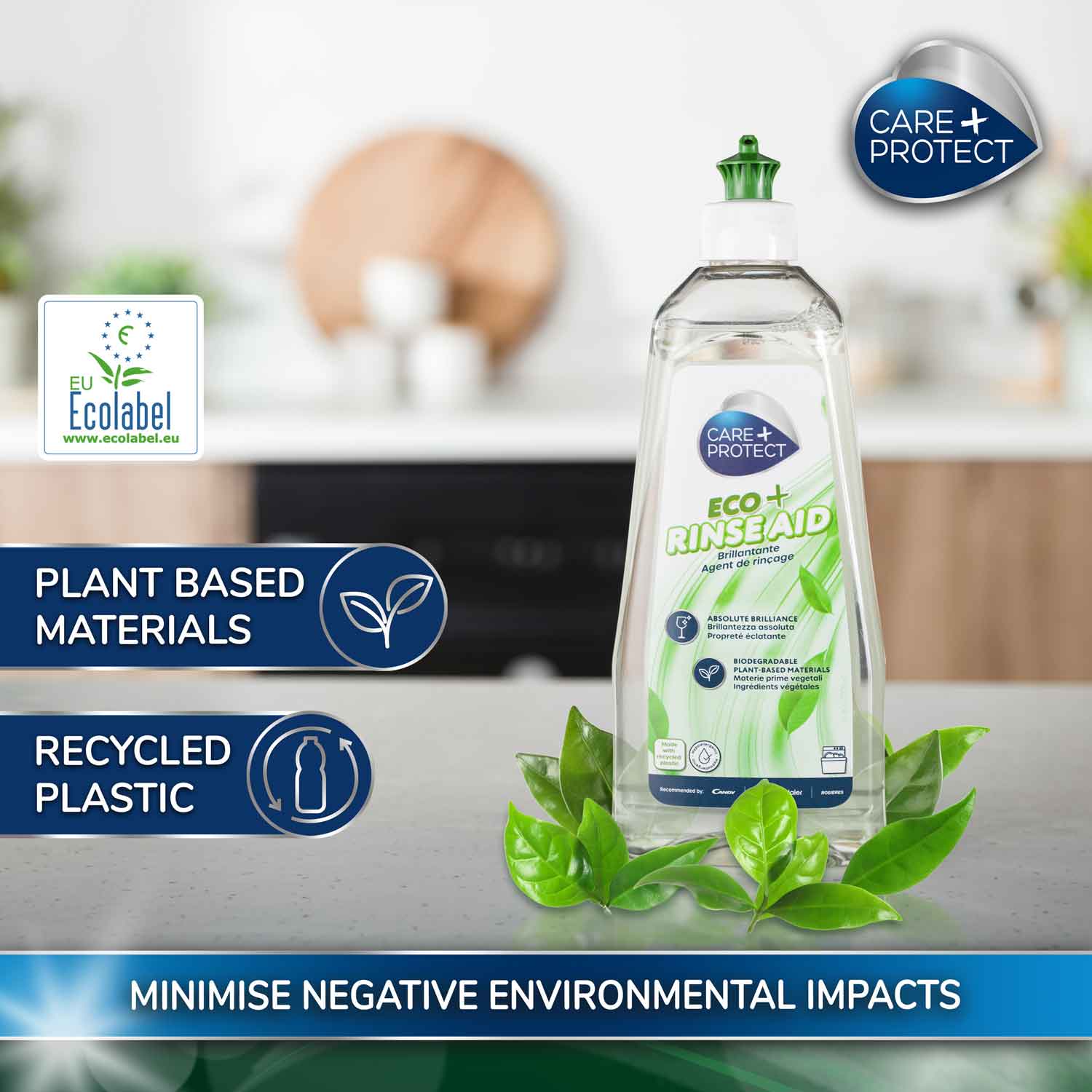 A bottle labeled "Care+Protect Eco Rinse Aid" stands on a countertop with green leaves, featuring the EU Ecolabel logo. Text highlights "Plant Based Materials," "Recycled Plastic," and "Minimise Negative Environmental Impacts."