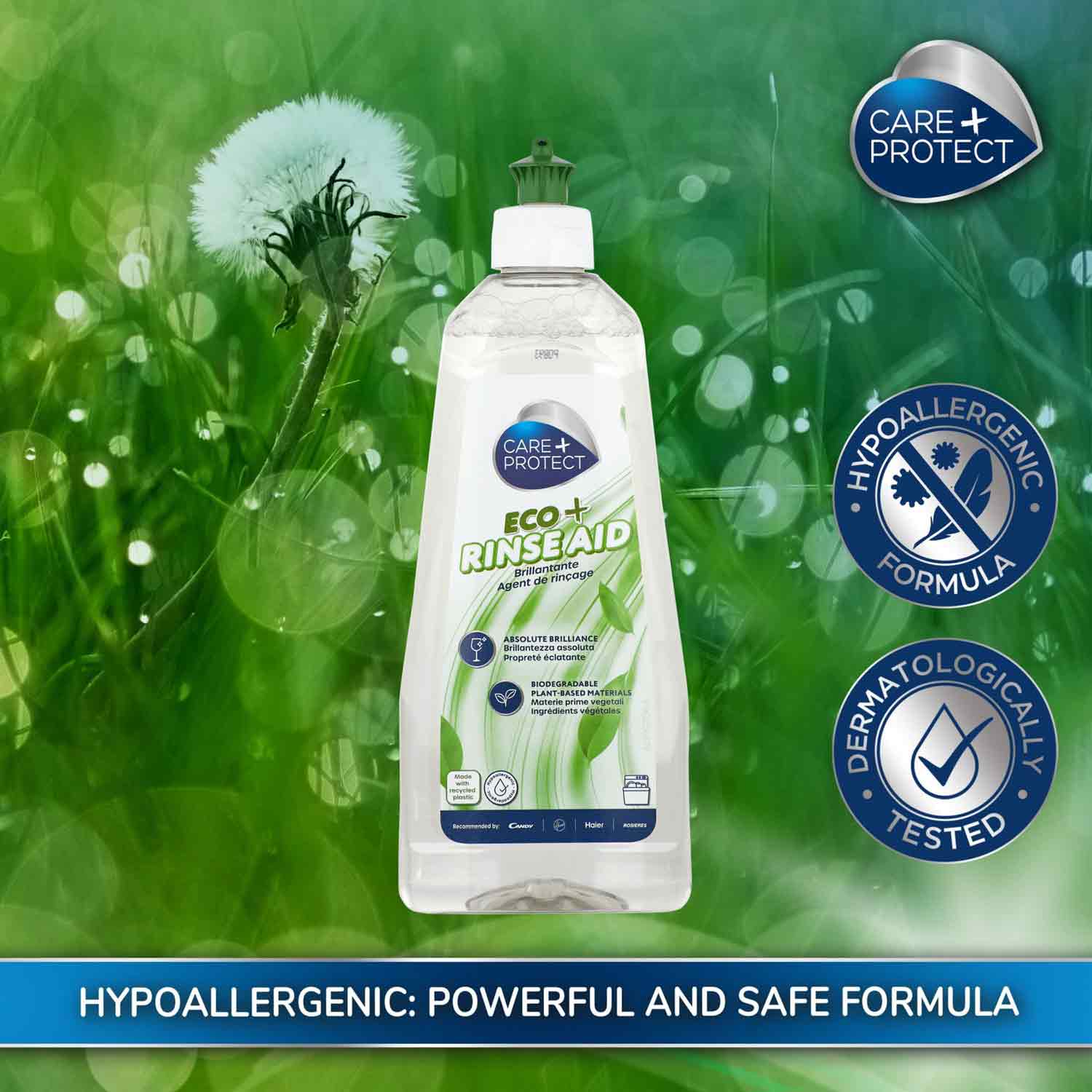 Dishwashing rinse aid bottle labeled "Care + Protect ECO+ Rinse Aid" stands on a grassy background with dandelions. Text: "HYPOALLERGENIC: POWERFUL AND SAFE FORMULA." Icons indicate "Hypoallergenic Formula" and "Dermatologically Tested."