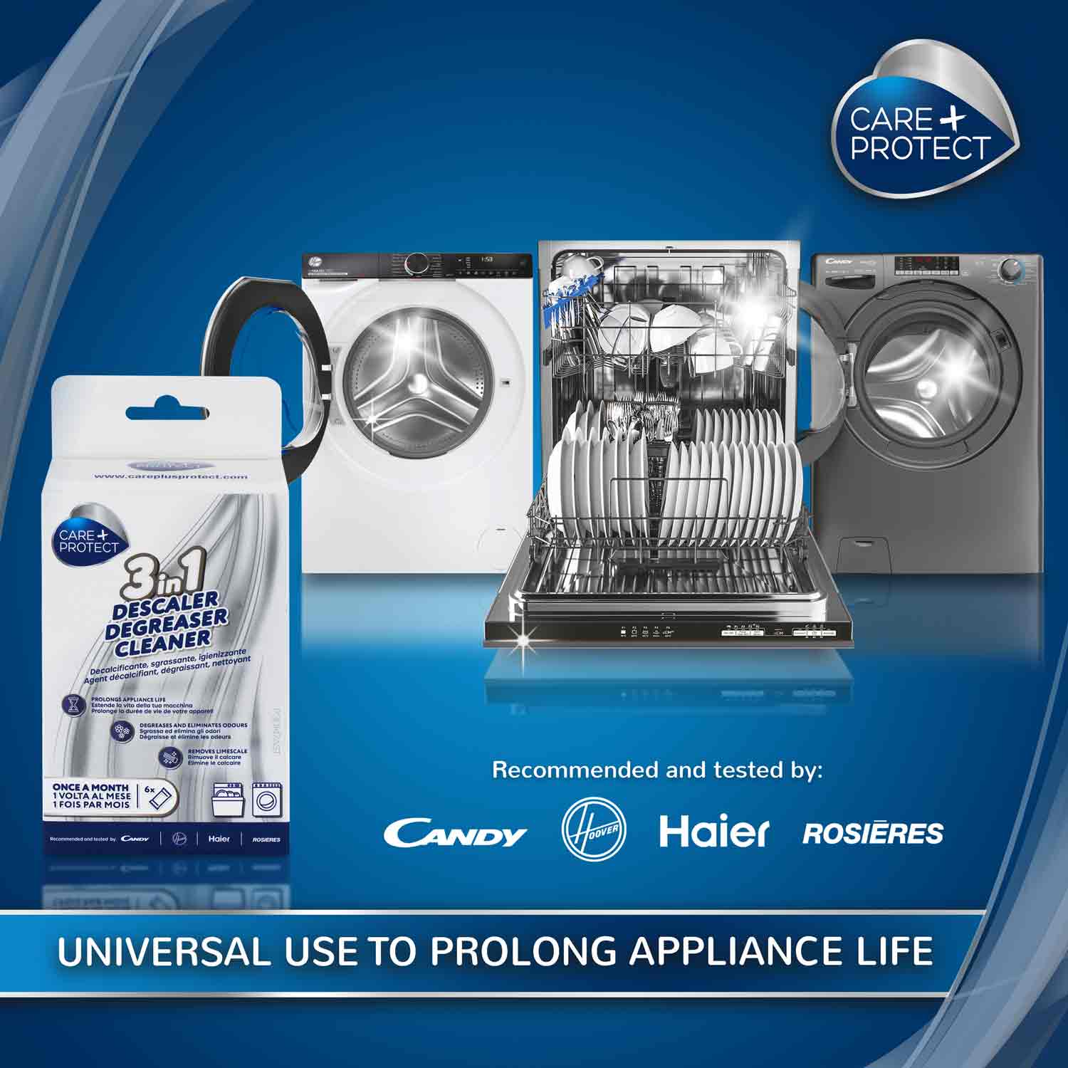 Package of Care+Protect 3-in-1 Descaler, Degreaser, Cleaner in foreground. Behind, a dishwasher and washing machines. Text: "UNIVERSAL USE TO PROLONG APPLIANCE LIFE," "Recommended and tested by: Candy, Hoover, Haier, Rosières."