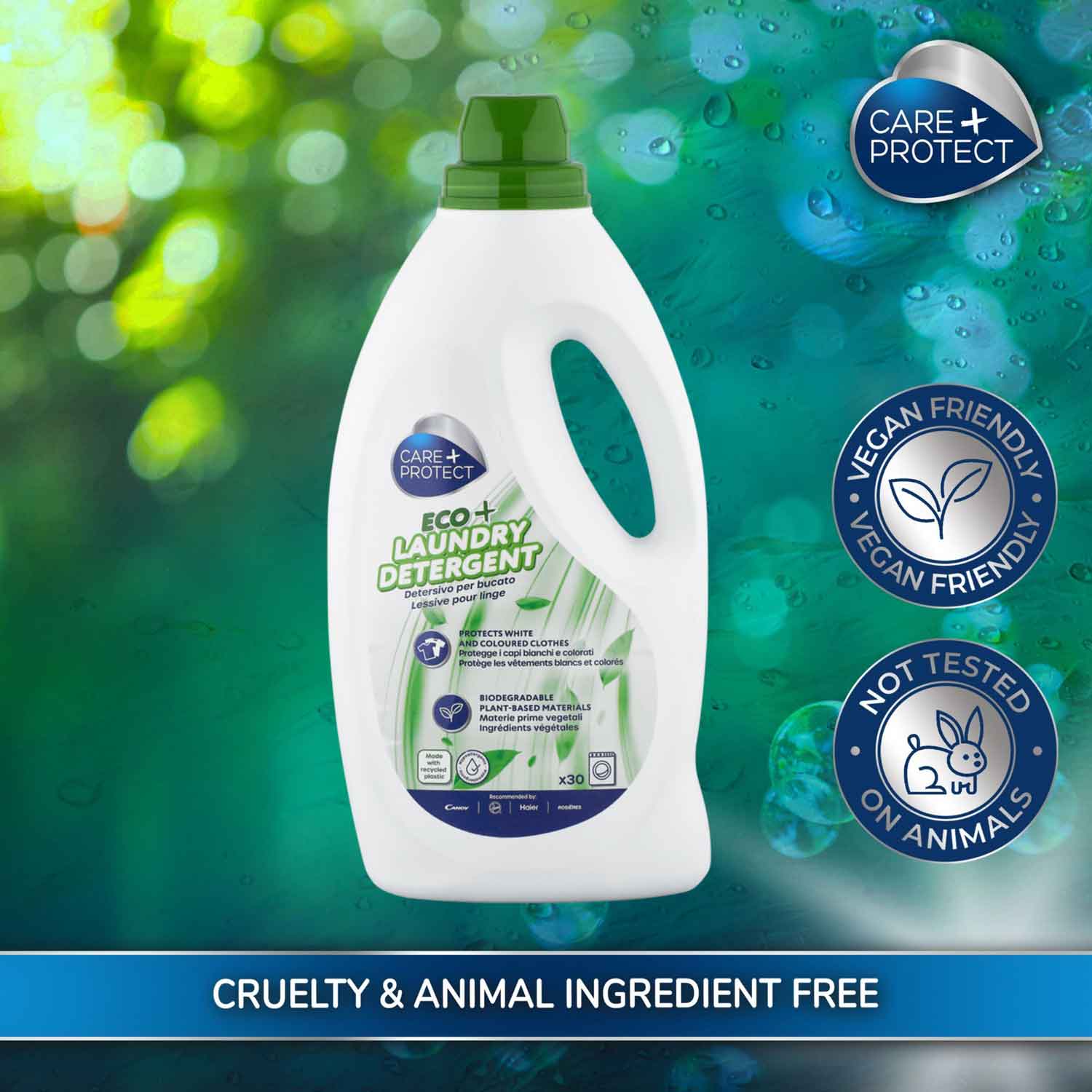 A white bottle labeled "Eco + Laundry Detergent" sits in front of a blurred green background. It is marked "Vegan Friendly," "Not Tested on Animals," and "CRUELTY & ANIMAL INGREDIENT FREE."