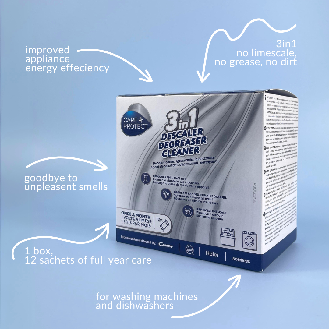 Box of "3in1 Descaler Degreaser Cleaner" resting on a blue surface, designed for washing machines and dishwashers. Text highlights benefits: improved energy efficiency, odor removal, and limescale elimination.