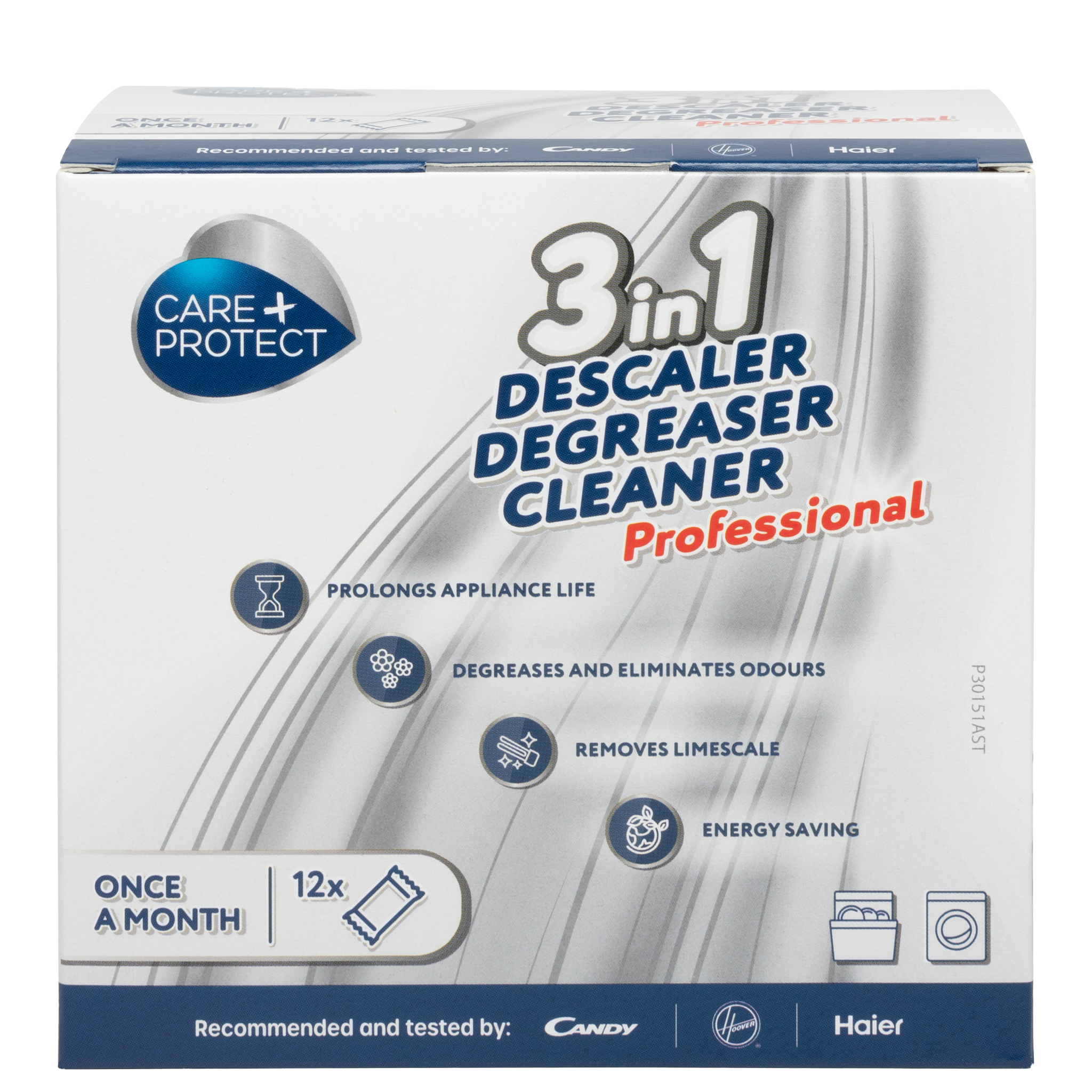 Care+Protect box features "3 in 1 Descaler Degreaser Cleaner Professional" text, highlighting appliance care benefits like prolonging life, removing limescale, and energy savings. Recommended by Candy and Haier, used monthly.