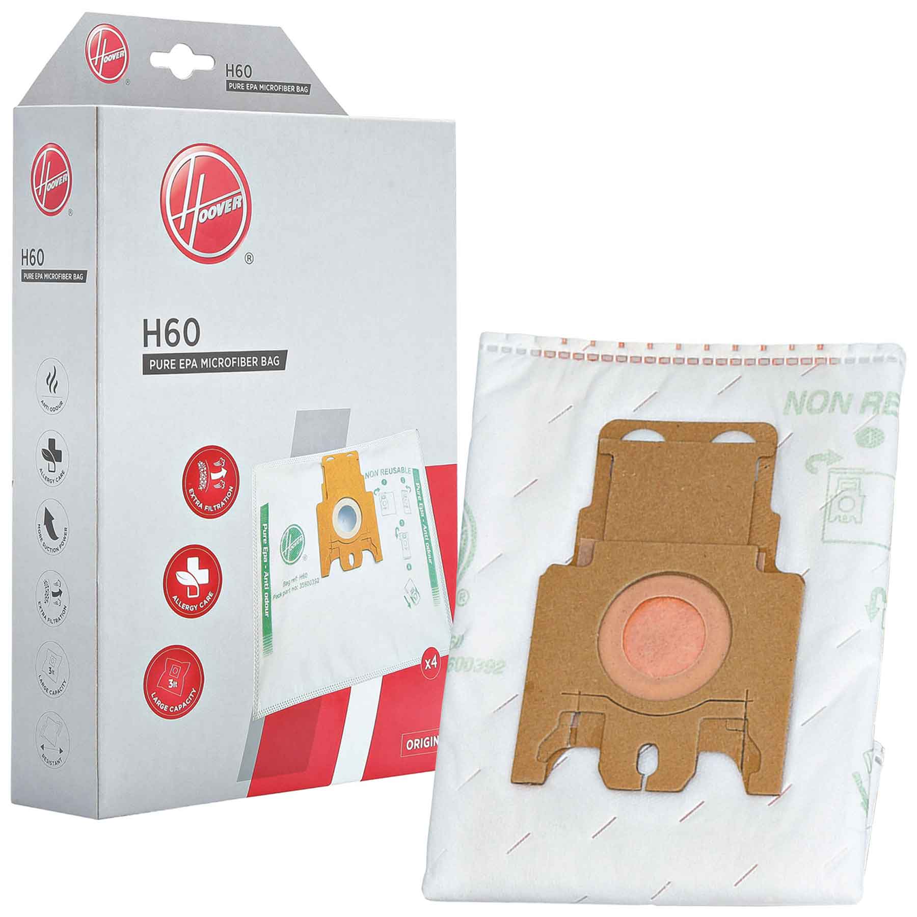A package of Hoover H60 pure EPA microfiber vacuum bags stands on a surface, alongside one individual, unfolded bags with cardboard fittings, in a bright, neutral setting.