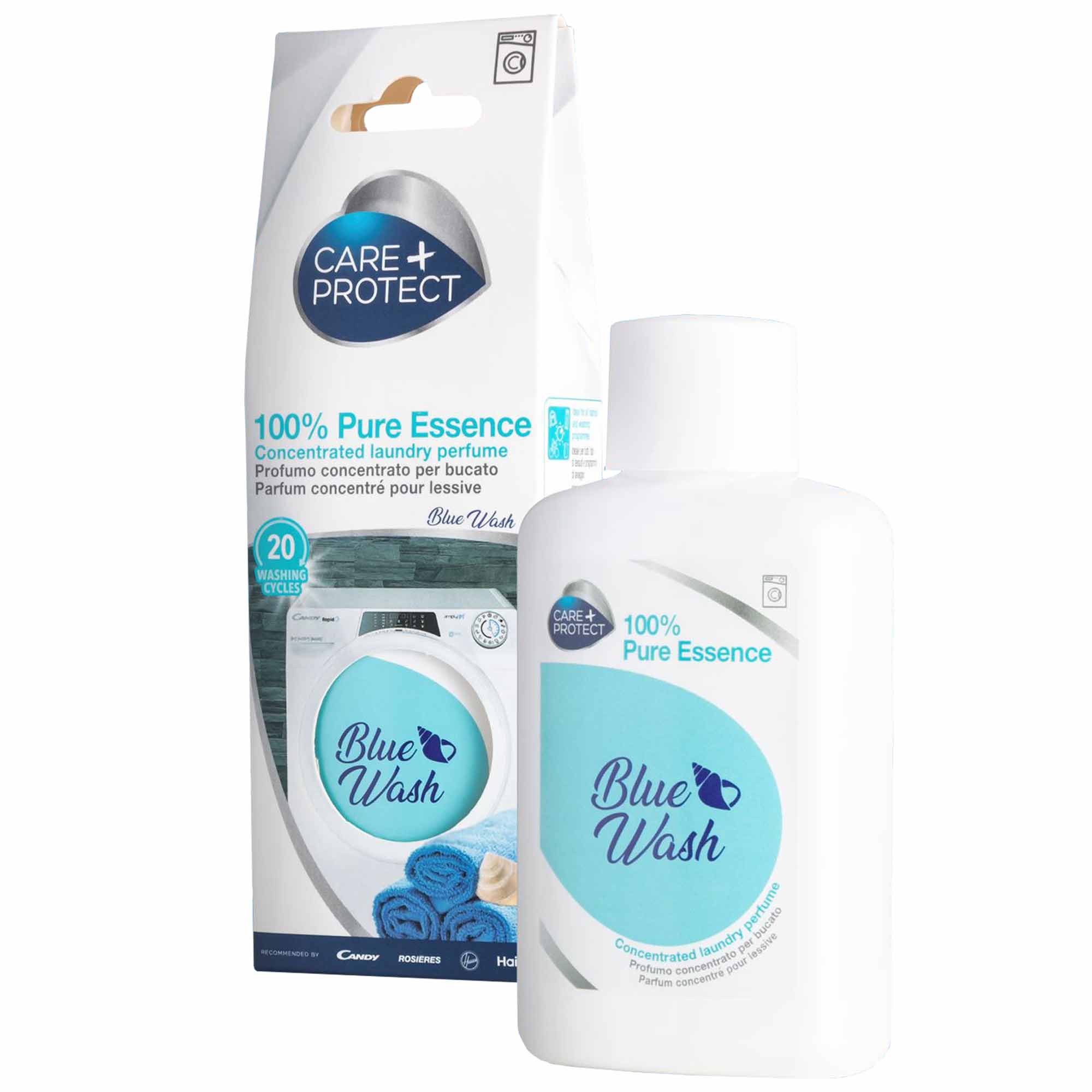 A bottle labeled "Blue Wash" with "Care + Protect" logo and "100% Pure Essence" concentrated laundry perfume is paired with packaging showing a washing machine and folded towels. Text includes "20 washing cycles."