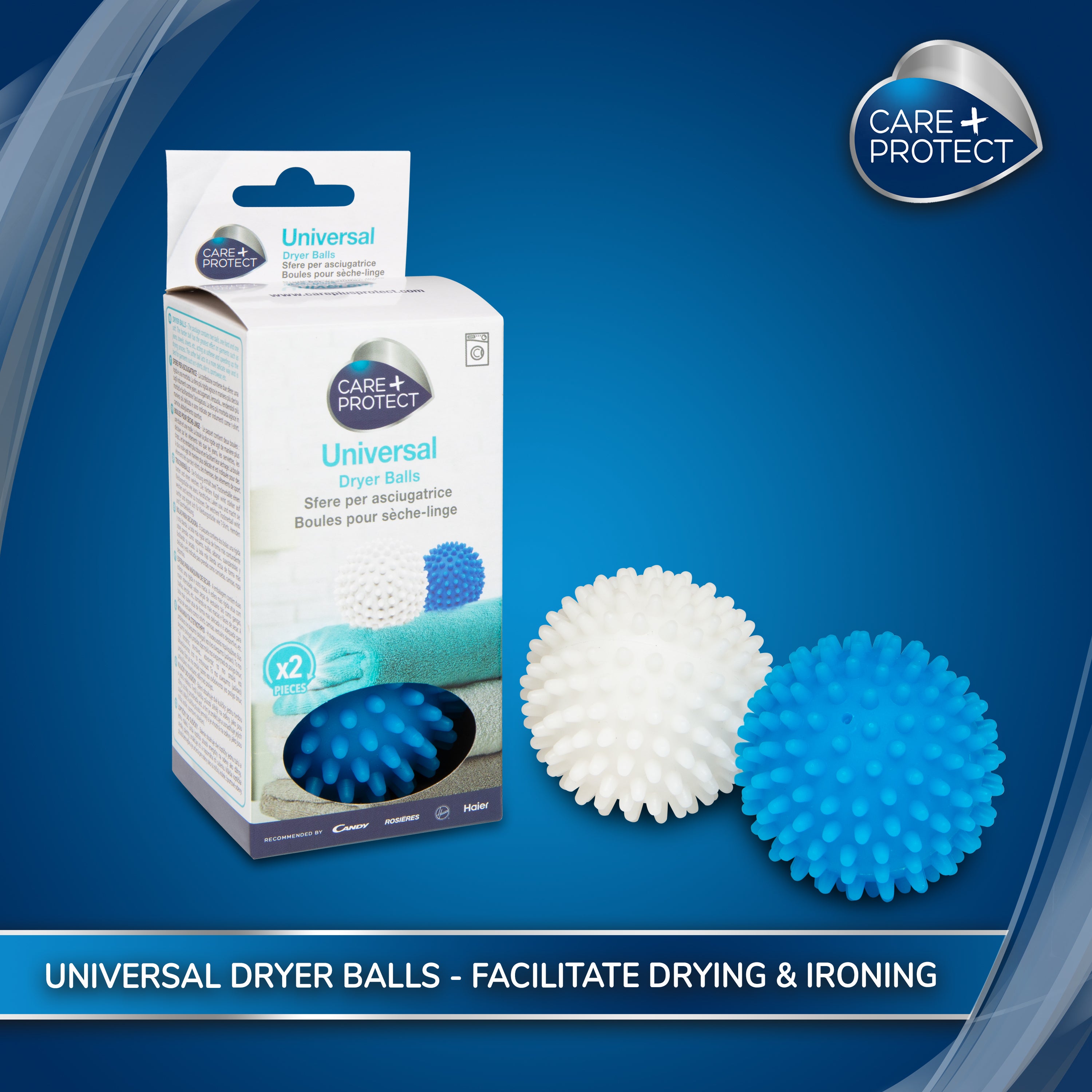 Two spiky dryer balls, one blue and one white, are on display next to packaging labeled "Care+Protect Universal Dryer Balls." Text states: "UNIVERSAL DRYER BALLS - FACILITATE DRYING & IRONING."