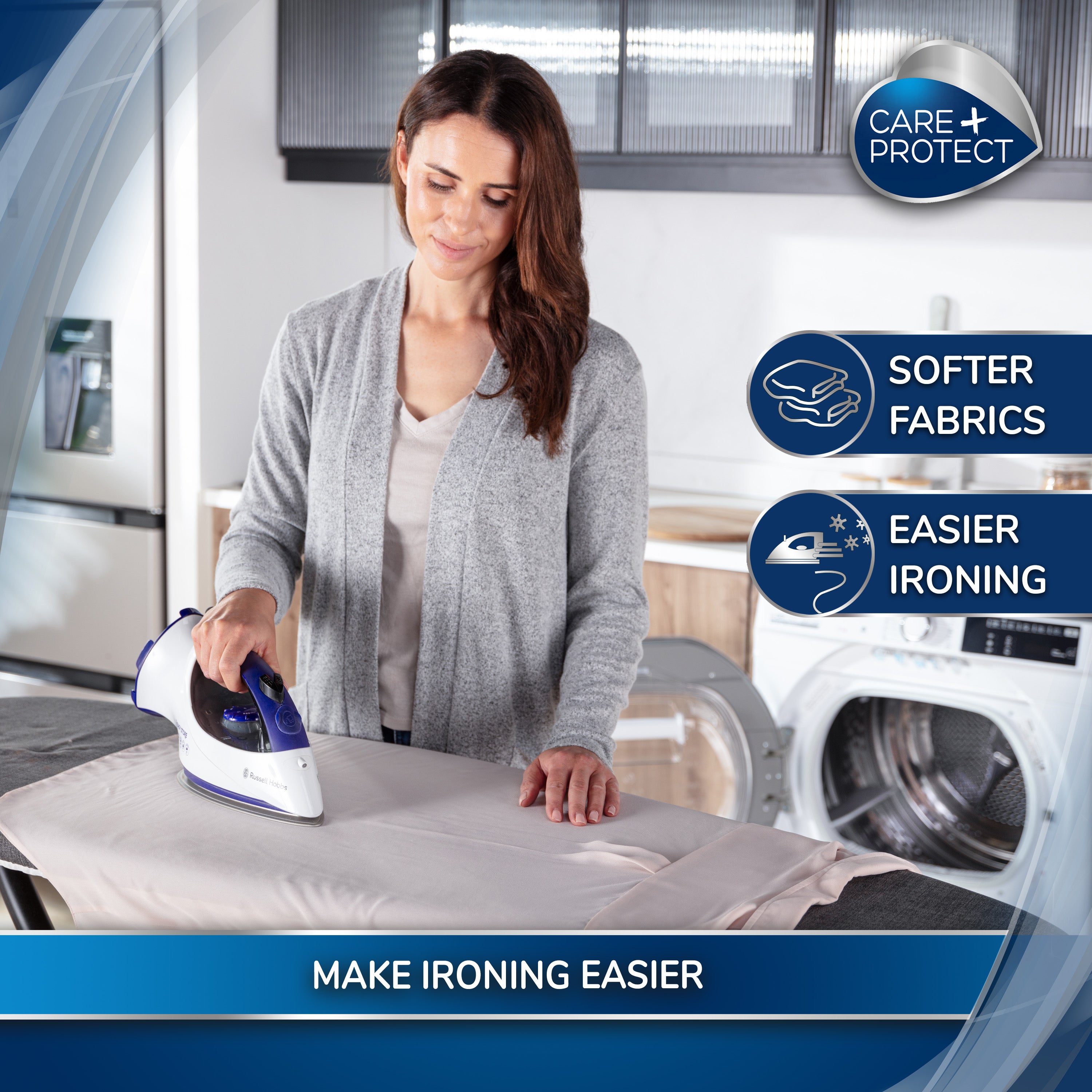 A woman uses an iron on a garment in a modern laundry room. Text includes: "CARE + PROTECT," "SOFTER FABRICS," "EASIER IRONING," and "MAKE IRONING EASIER."