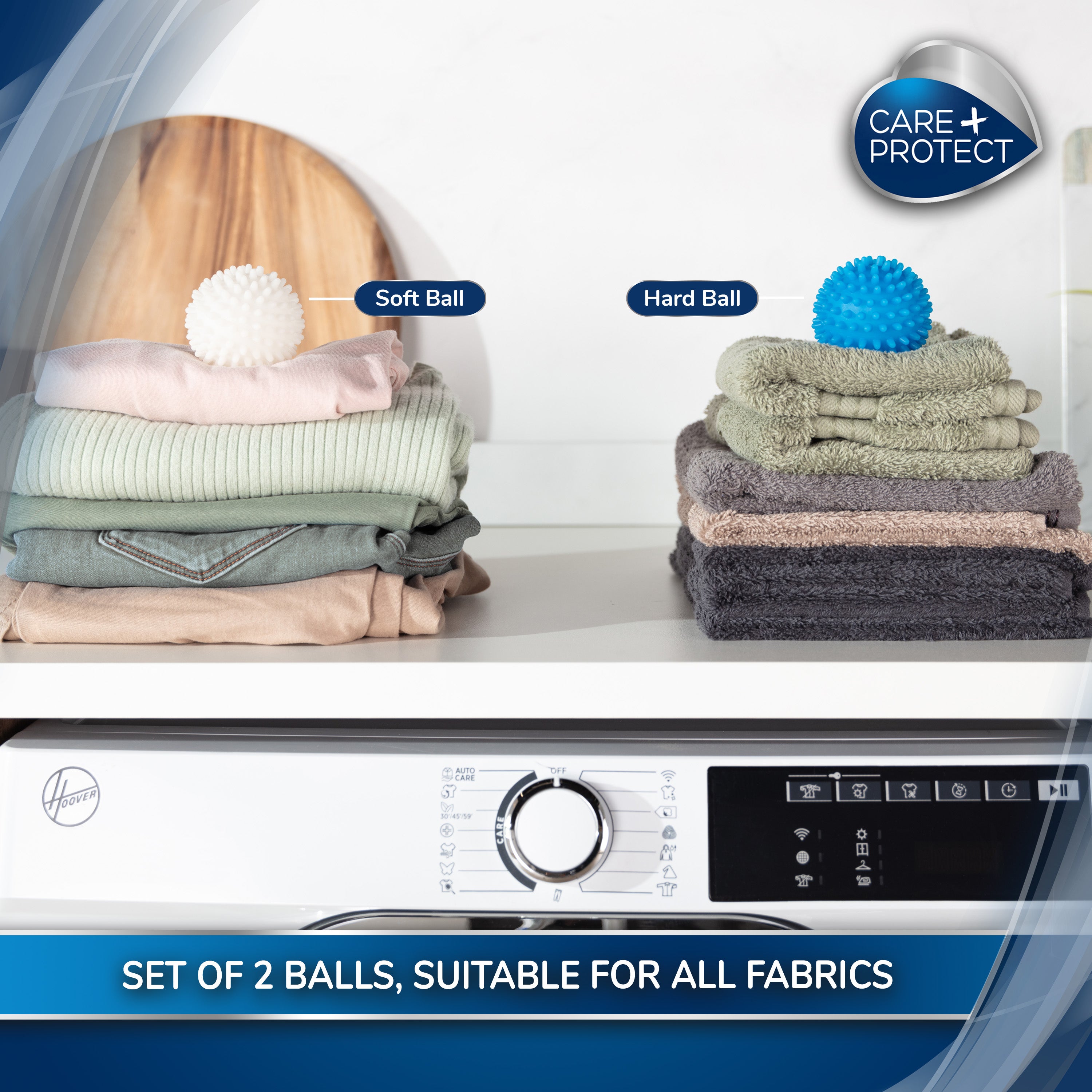 A white soft ball and blue hard ball rest on folded clothes on a laundry shelf. Text reads: "Soft Ball," "Hard Ball," "Care + Protect," "Set of 2 Balls, Suitable for All Fabrics."