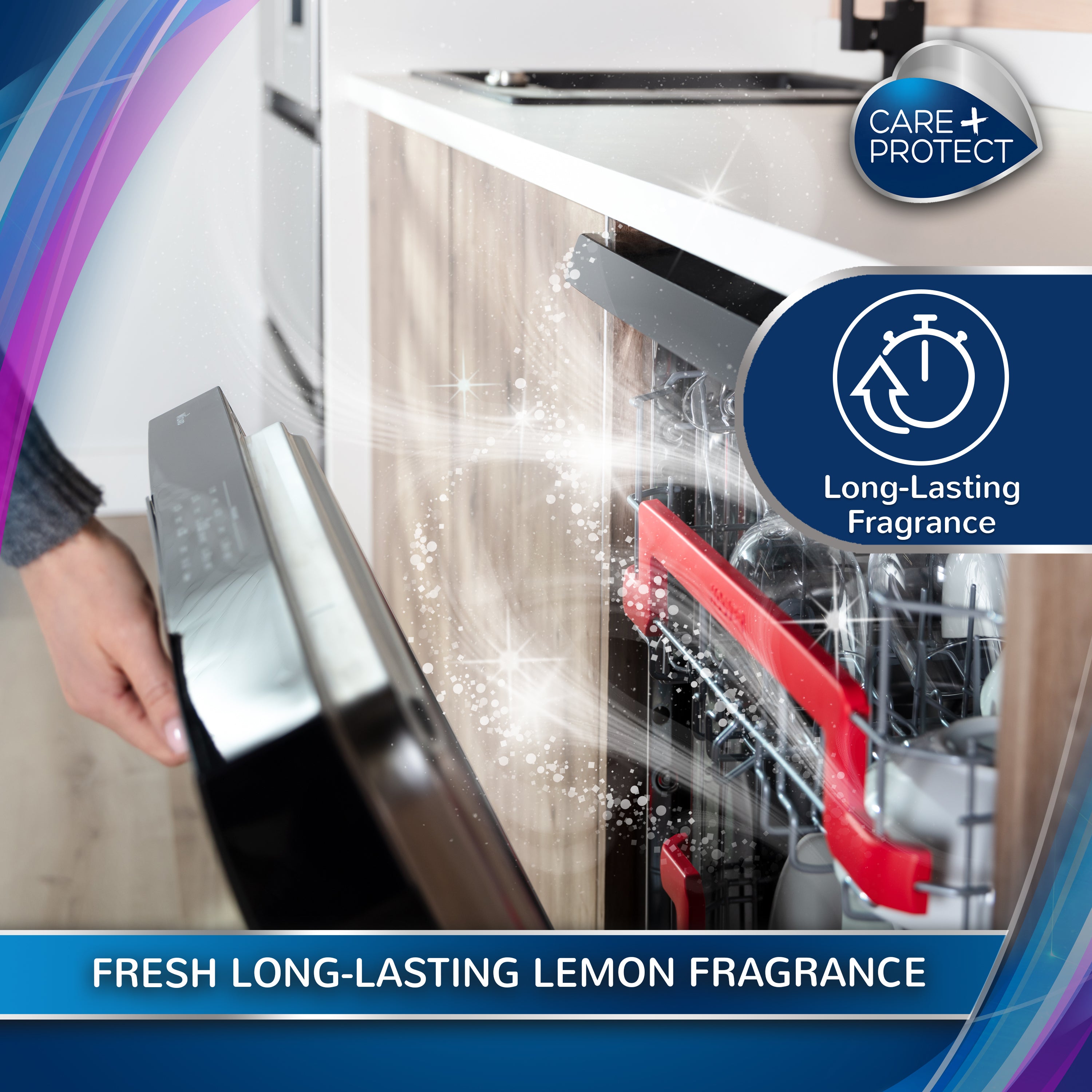 A person opens a dishwasher emitting sparkles, suggesting cleanliness and freshness. Text reads "Long-Lasting Fragrance" and "FRESH LONG-LASTING LEMON FRAGRANCE" with a "CARE+PROTECT" logo.