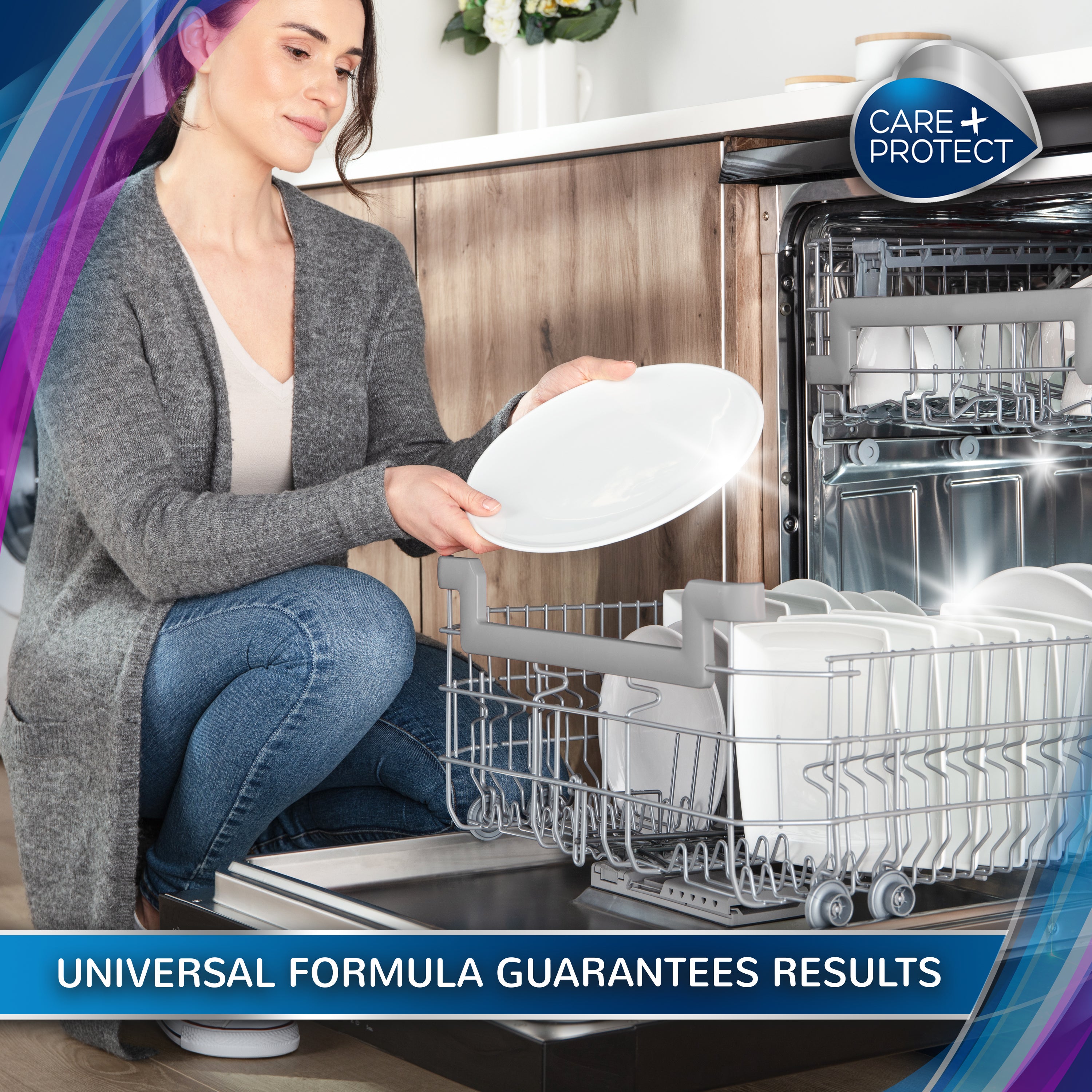 A woman loads a plate into an open dishwasher in a kitchen. Text: "CARE + PROTECT" and "UNIVERSAL FORMULA GUARANTEES RESULTS." Flowers are visible on the counter.
