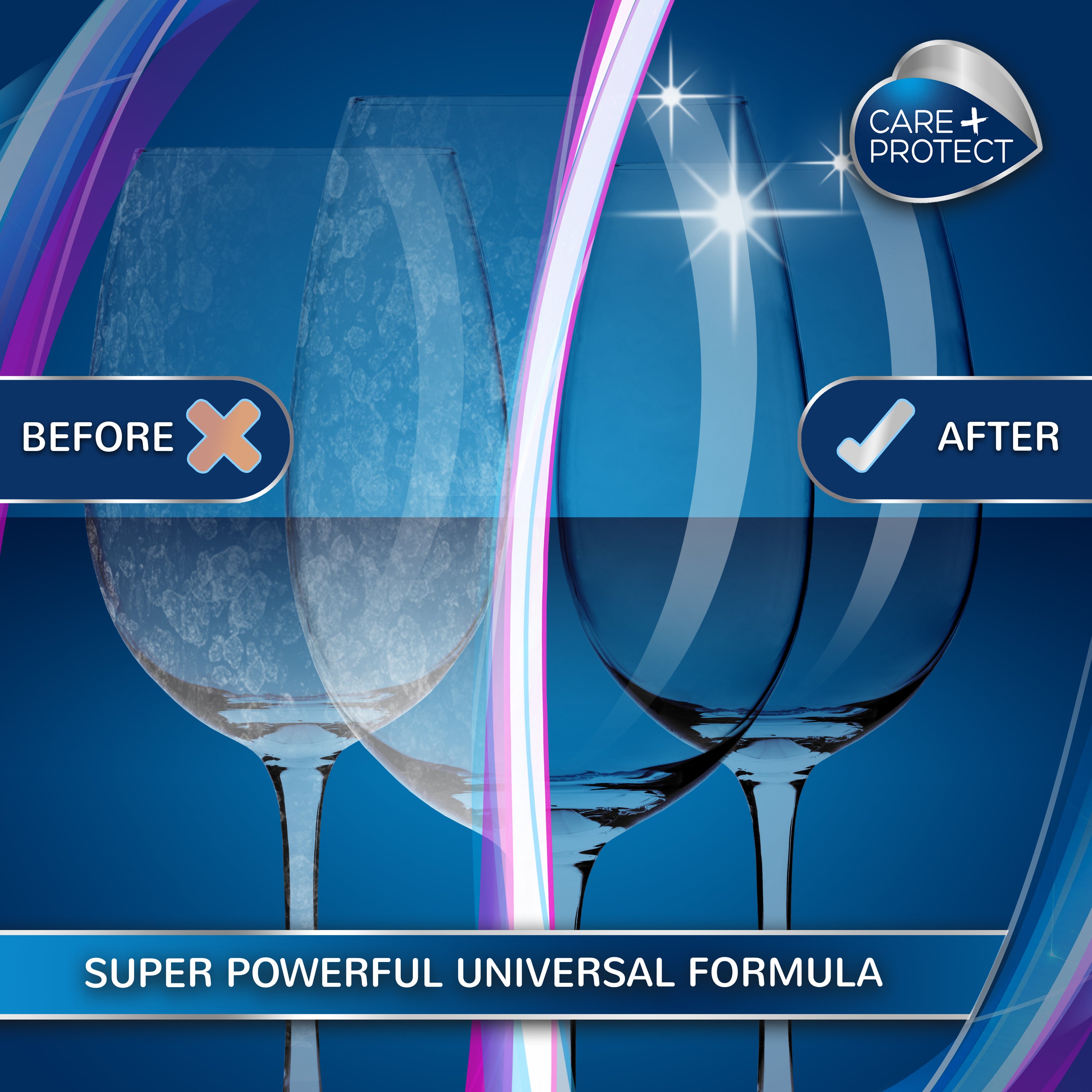 Crystal-clear wine glasses sparkle against a blue background. A distinction is shown between dirty and clean glasses labeled “BEFORE” with an X and “AFTER” with a checkmark. Text: “SUPER POWERFUL UNIVERSAL FORMULA” and “CARE PROTECT.”