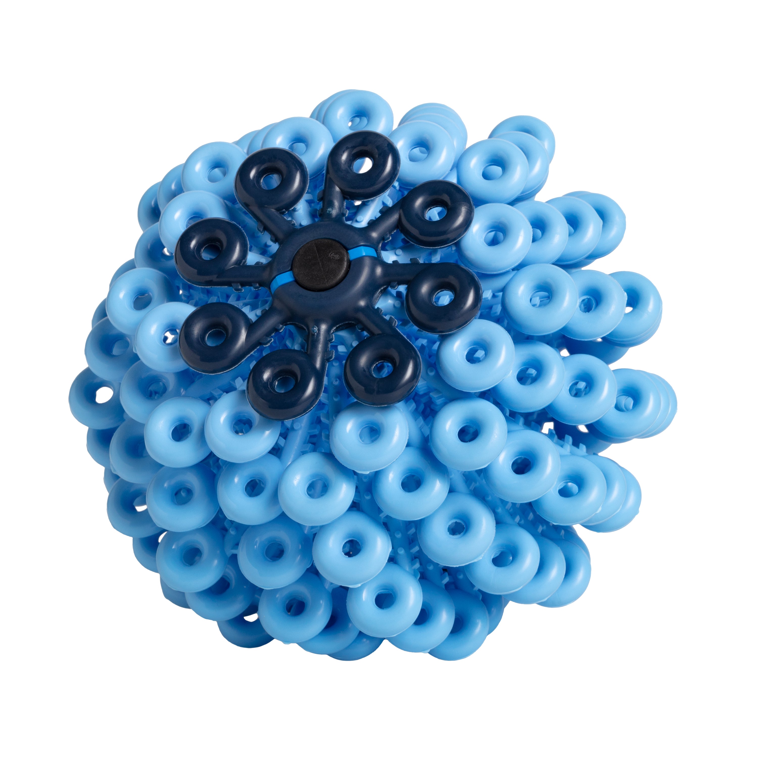 A blue textured massage ball with circular protrusions, resting still, against a white background. The design resembles multiple small loops arranged closely.