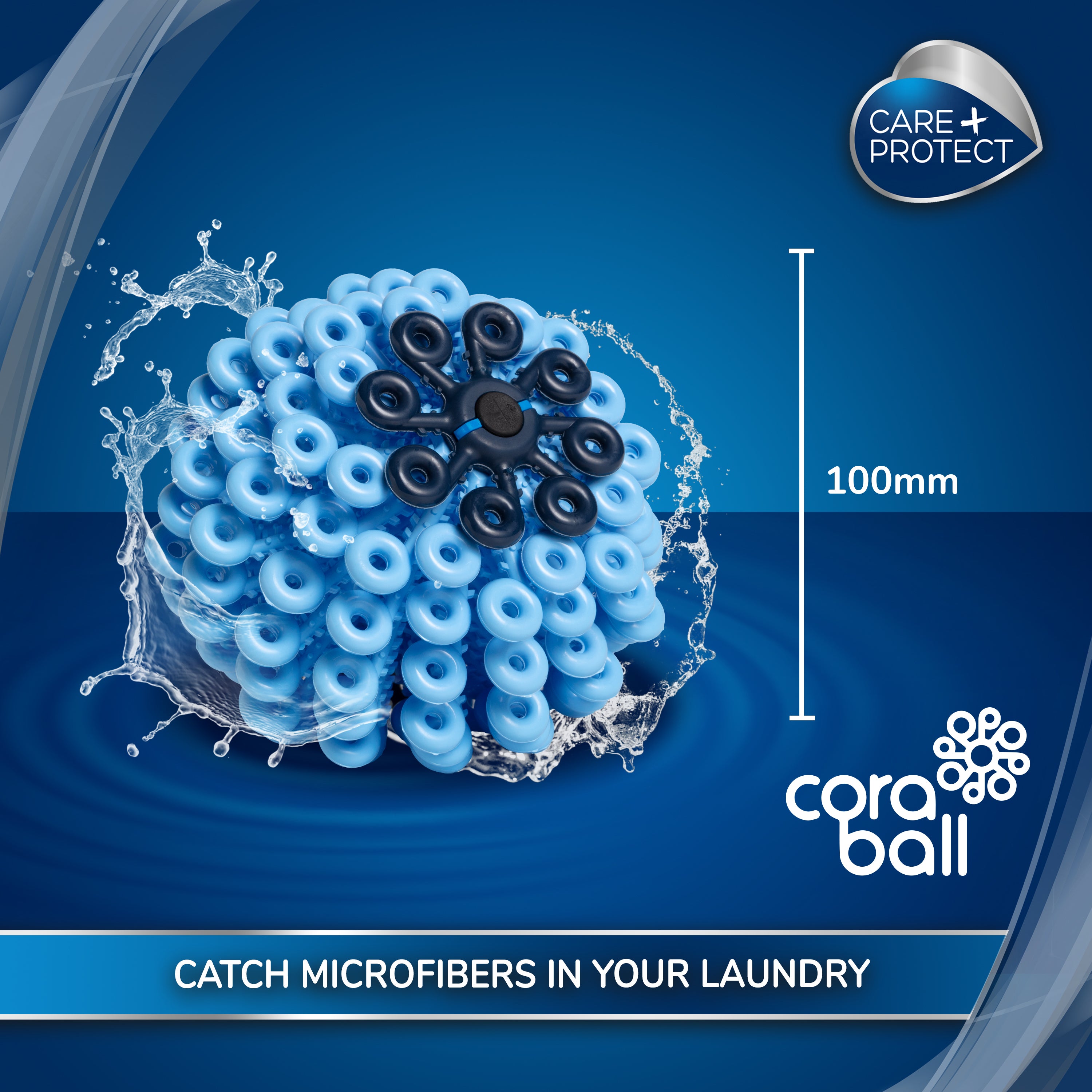 A blue Cora Ball with circular loops is splashing in water. Text includes "CARE + PROTECT," "100mm," and "CATCH MICROFIBERS IN YOUR LAUNDRY," set against a blue background.