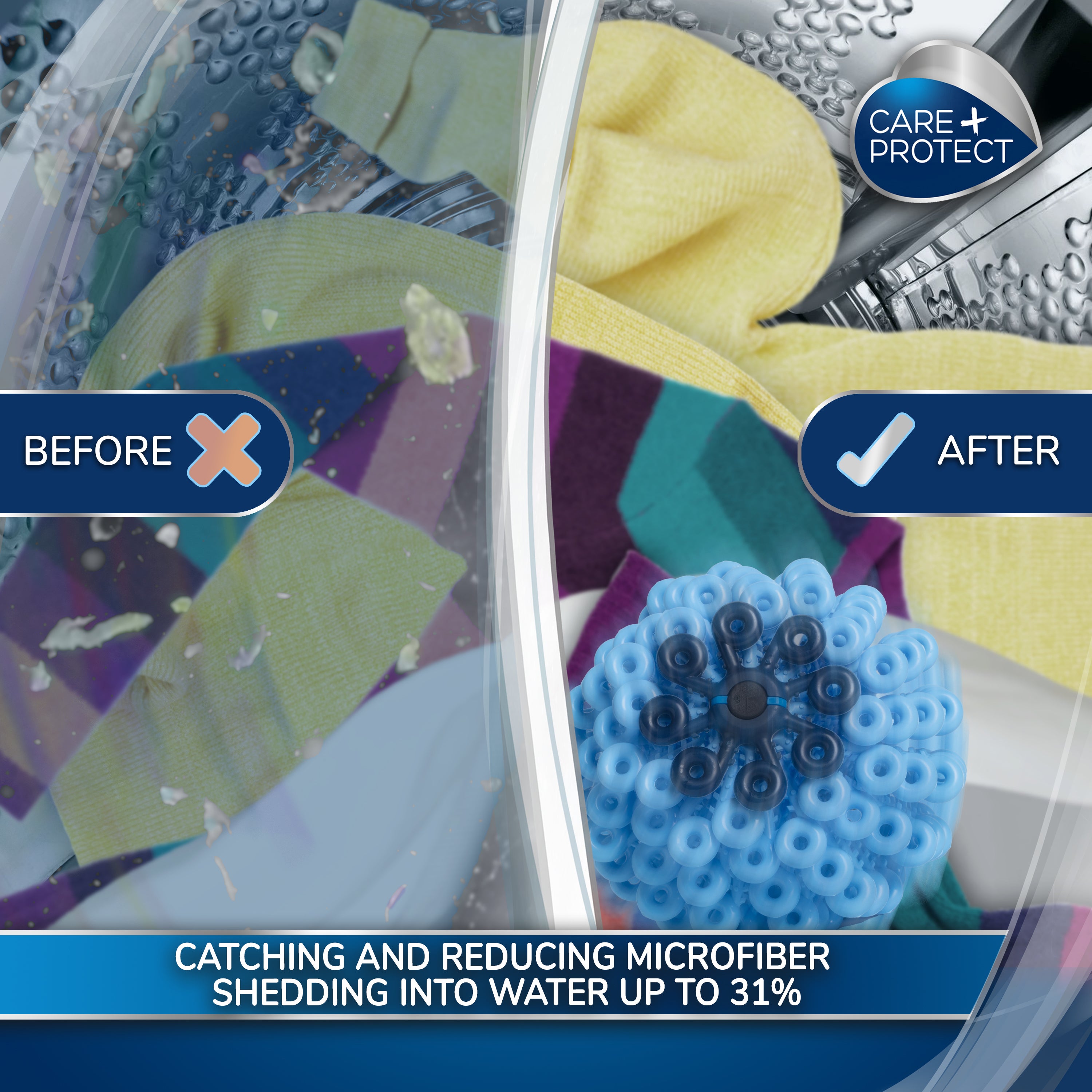 Laundry is shown inside a washing machine with a comparison of microfiber shedding. Before and after sections illustrate the effect, with a blue device. Text: "CARE+PROTECT," "BEFORE," "AFTER," "CATCHING AND REDUCING MICROFIBER SHEDDING INTO WATER UP TO 31%."