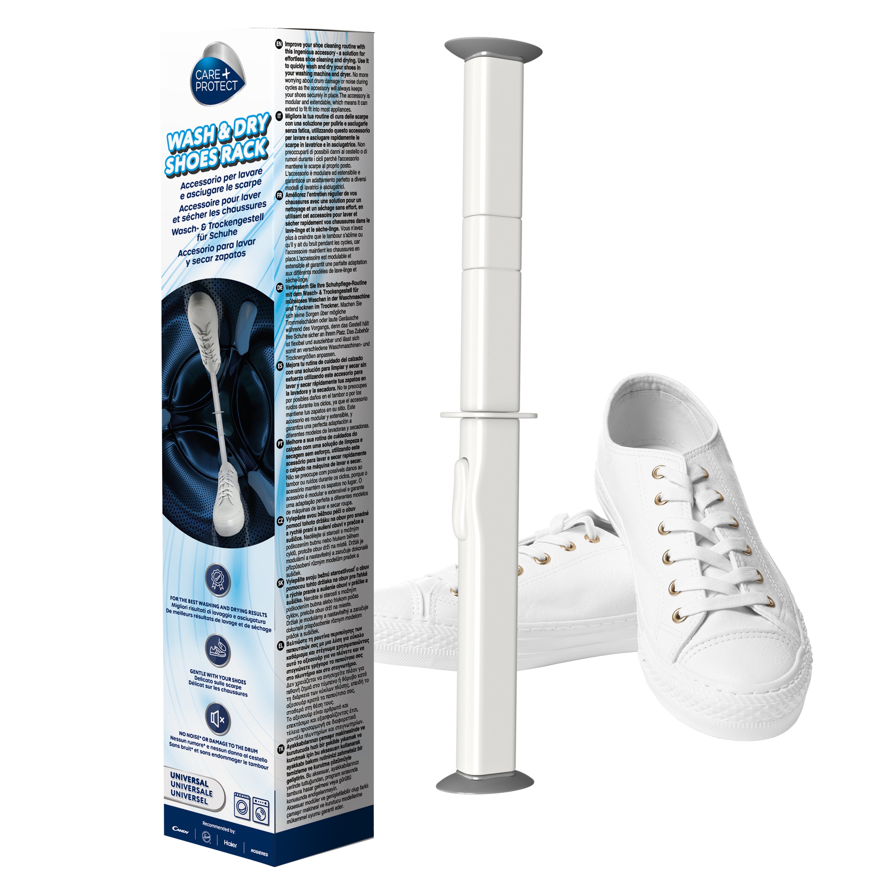 Plastic shoe rack for washing and drying, accompanied by white sneakers. Packaging text reads: "CARE + PROTECT WASH & DRY SHOES RACK Accessory for washing and drying shoes. Gentle wash for shoes, no risk of damage to drum, universal fit."
