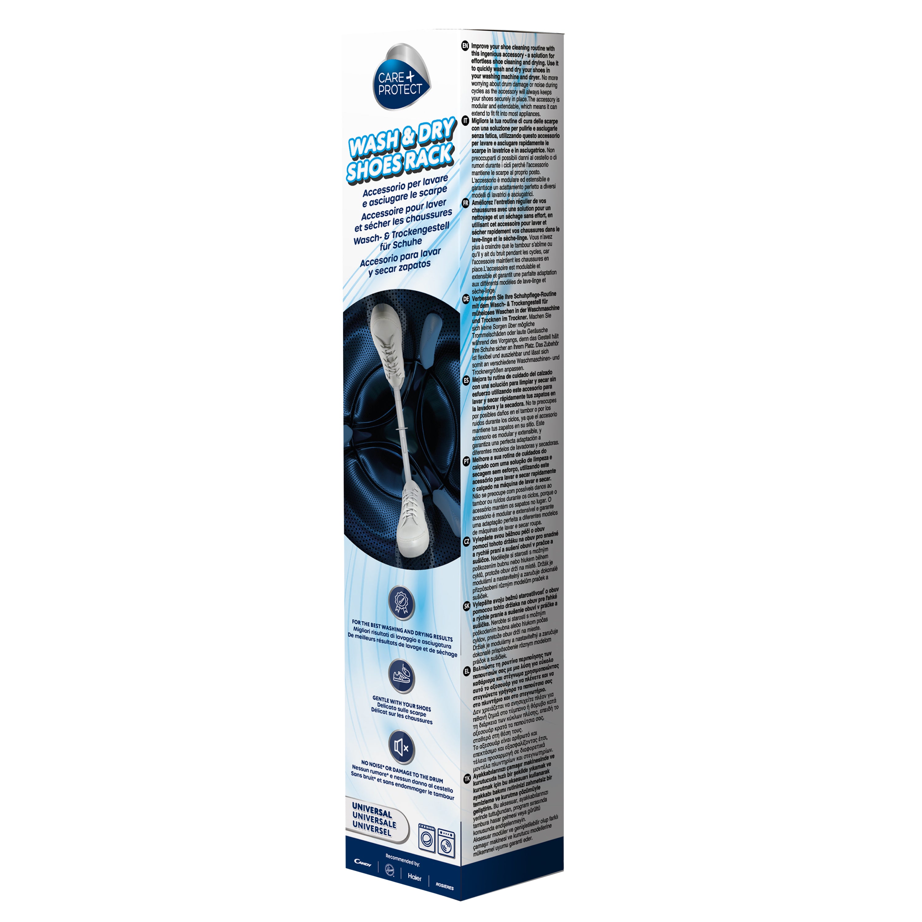 A packaged product titled "Wash & Dry Shoes Rack" designed for cleaning and drying shoes. It promises protection against knocks and scratches and includes multilingual instructions. Universally applicable.