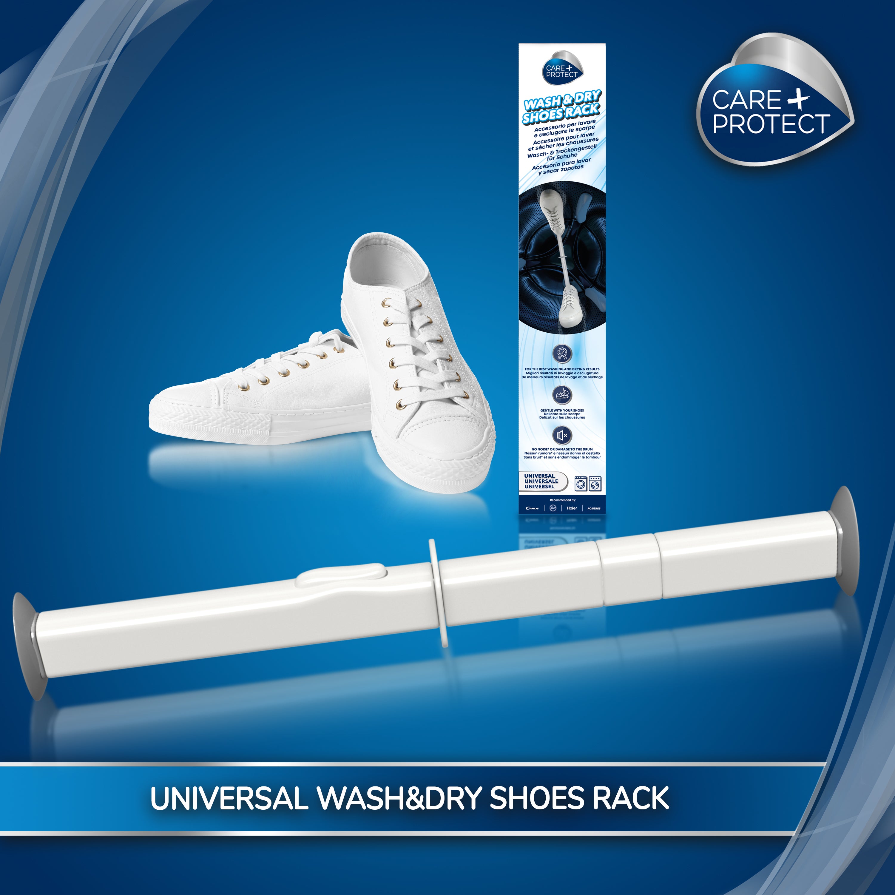White sneakers and a shoe rack are displayed against a blue background. A box labeled "CARE+PROTECT" shows "Wash&Dry Shoes Rack." Additional box details include features and universal fit information.